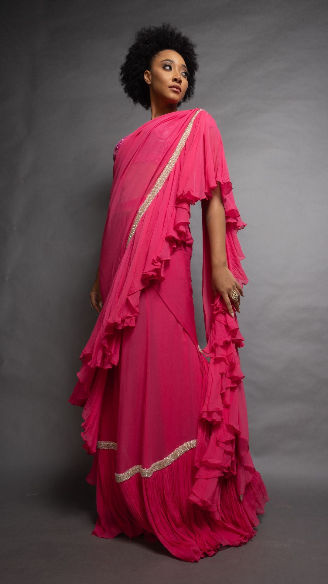 Pink Frill Saree with Embroidered Pan Neck Choli
