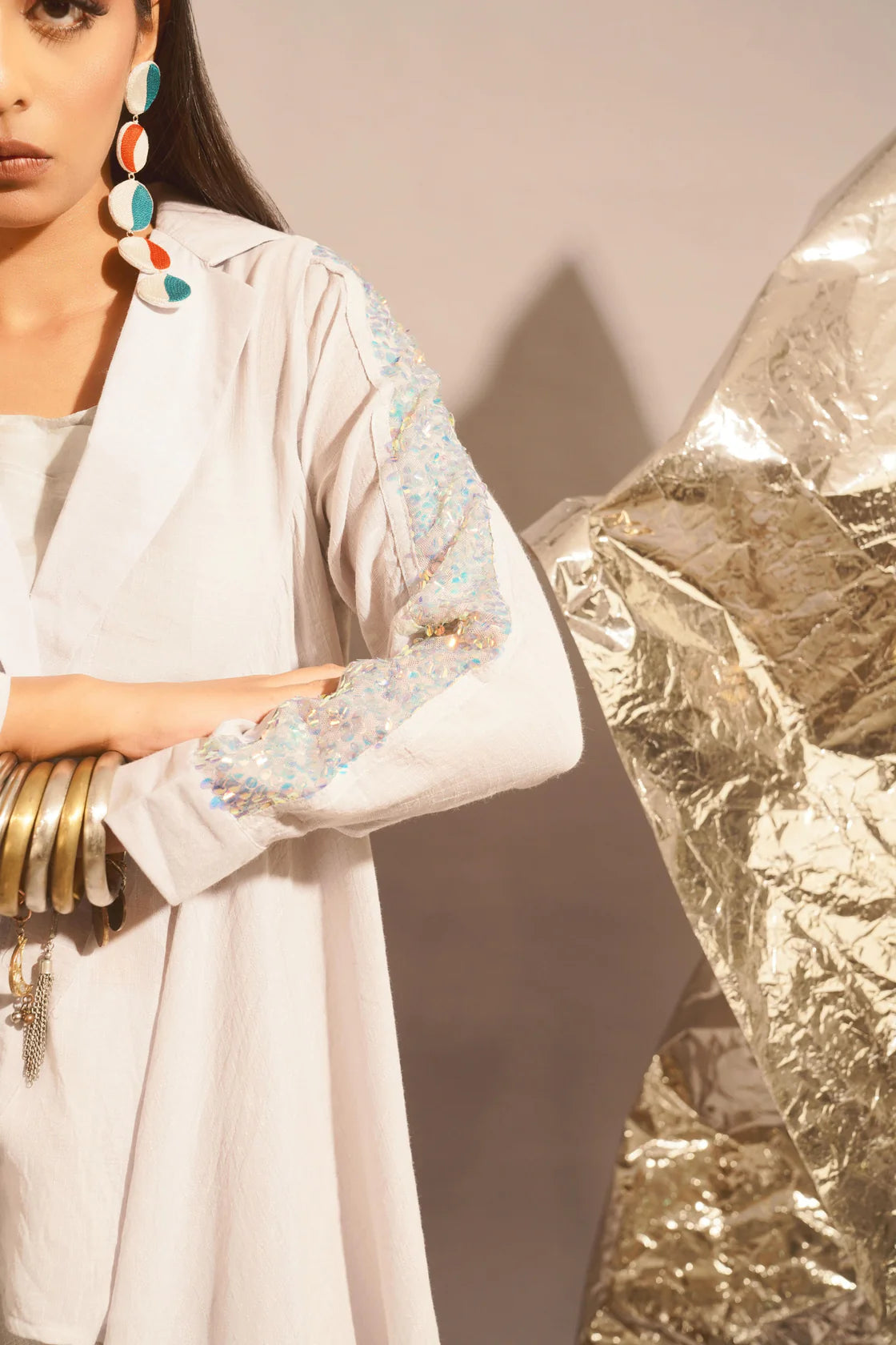 Asymmetric Sequins Shirt Set