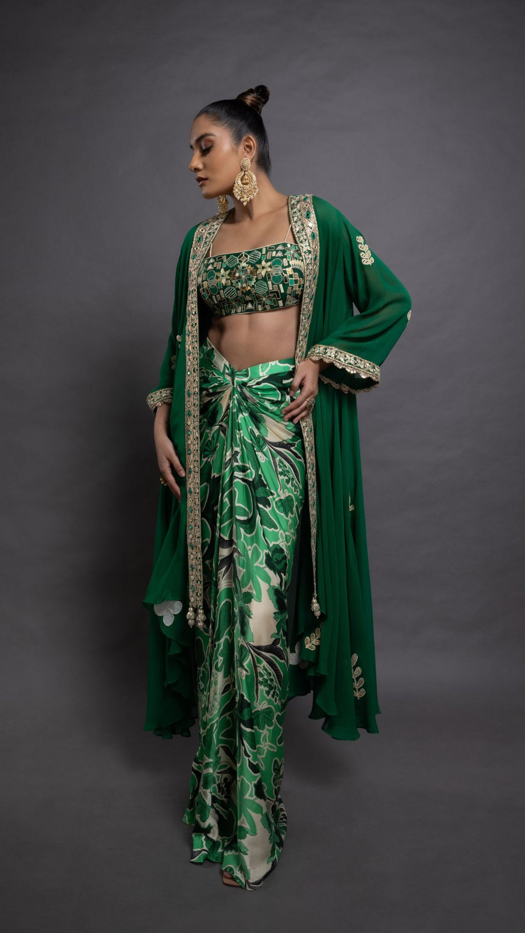 Solid Green Embroidered Waterfall Cape with Embroiderd Bustier and Abstract Floral Printed Drape Skirt