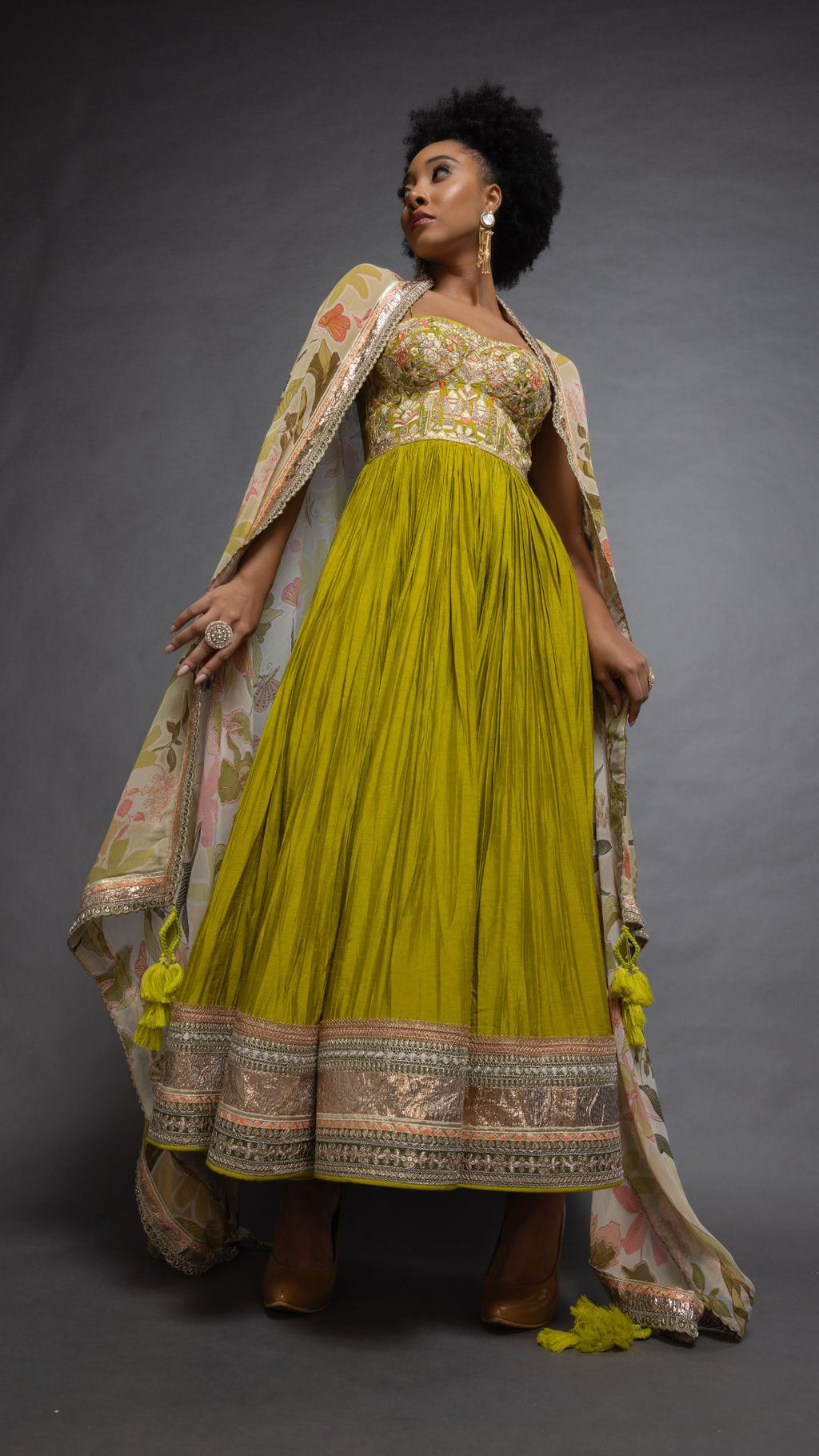 Lime Embroidered Half Cup Bralette Kalidar with Churidar and Printed Dupatta