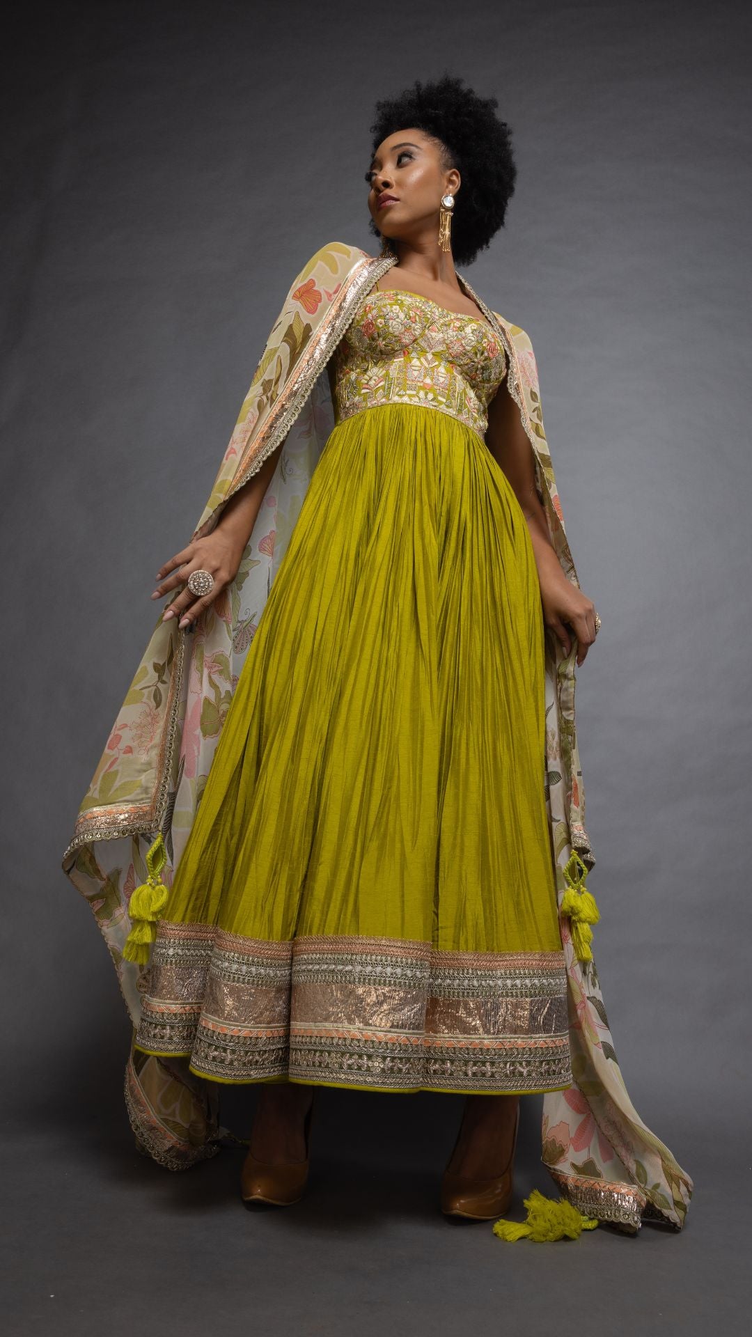 Lime Embroidered Half Cup Bralette Kalidar with Churidar and Printed Dupatta