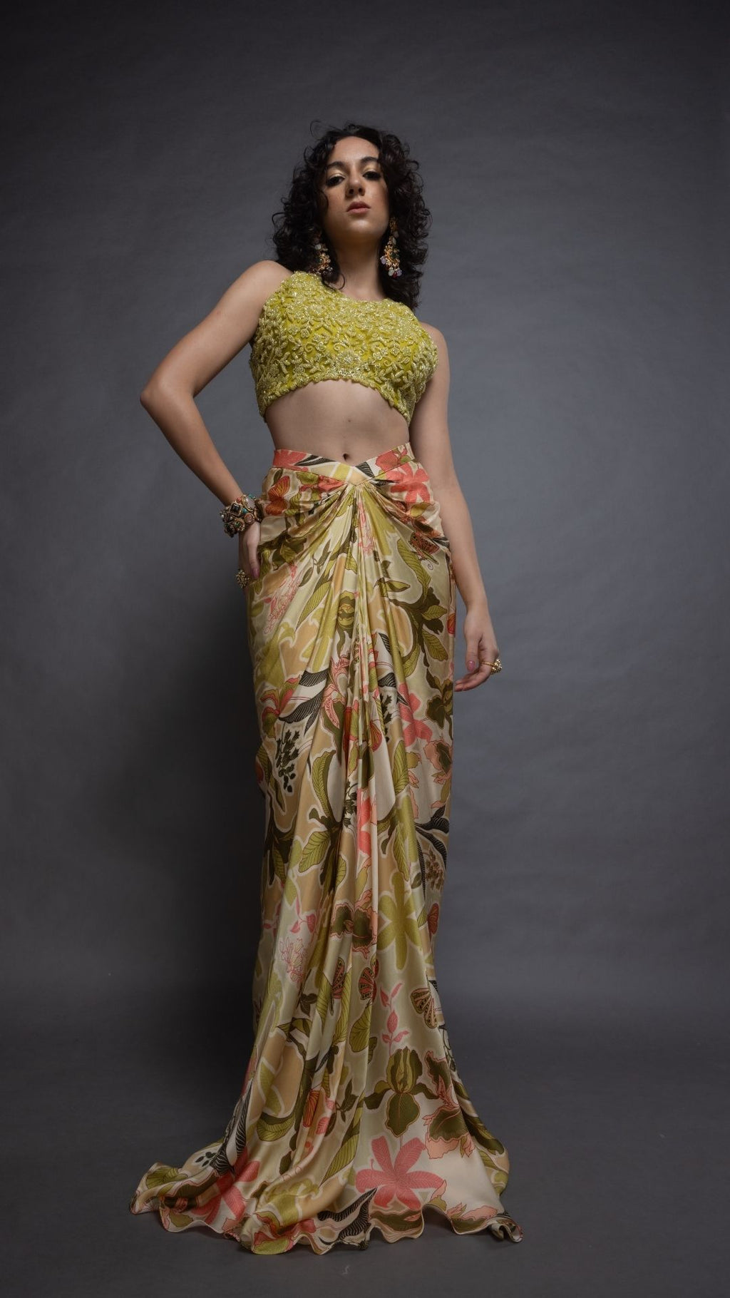 Lime Hand Embroidered Halter Neck Top and Printed Drape Skirt