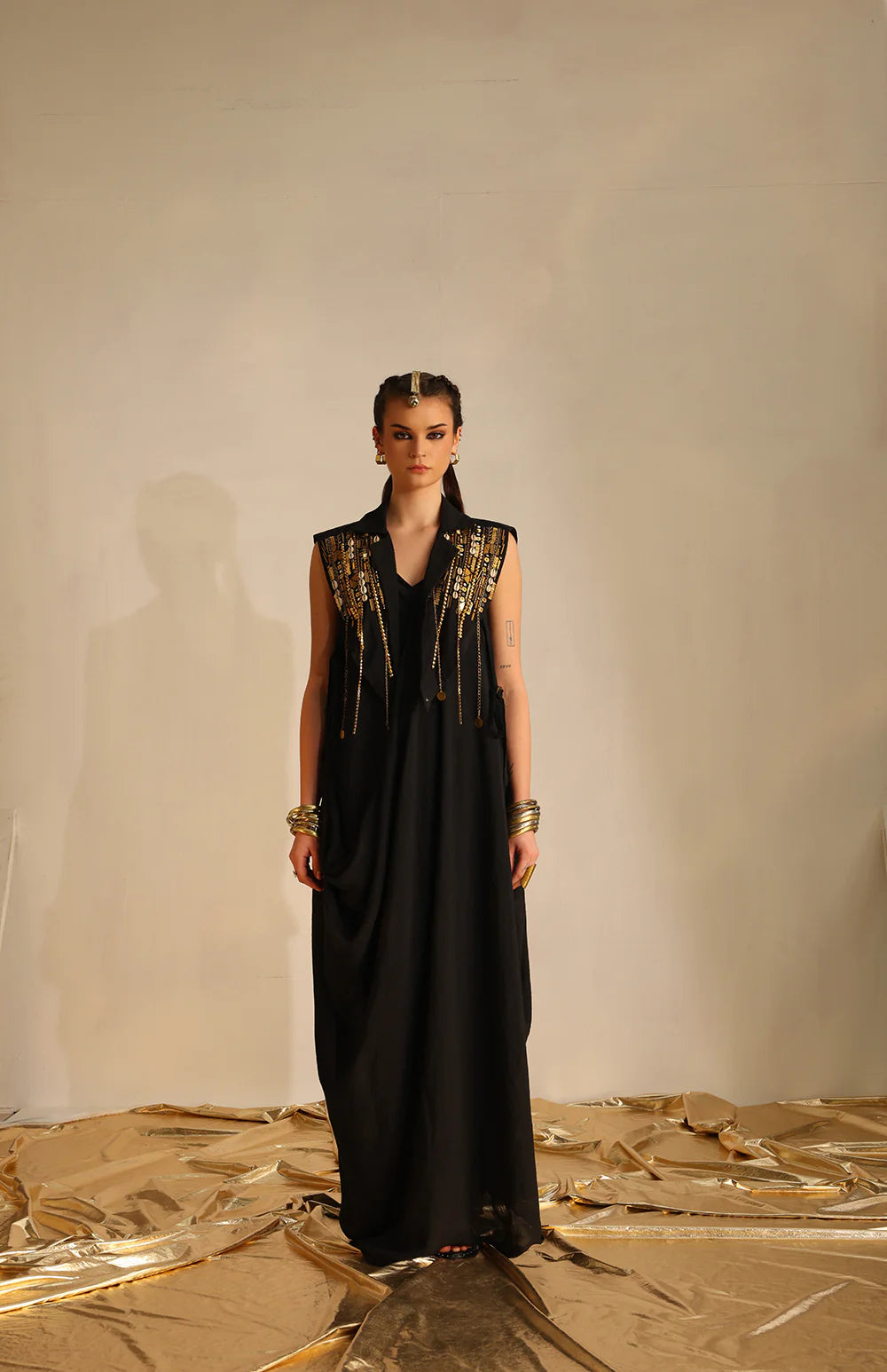 Cowl dress with a cape blazer waistcoat