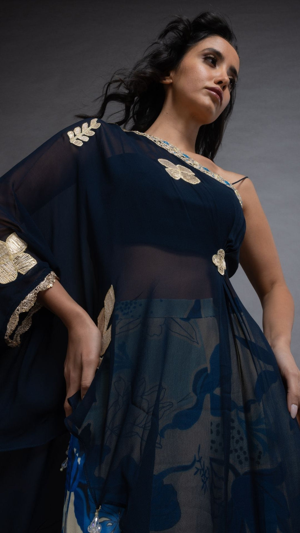 Blue One Shoulder Embroidered Short Poncho with Bustier and Printed Crushed Sharara