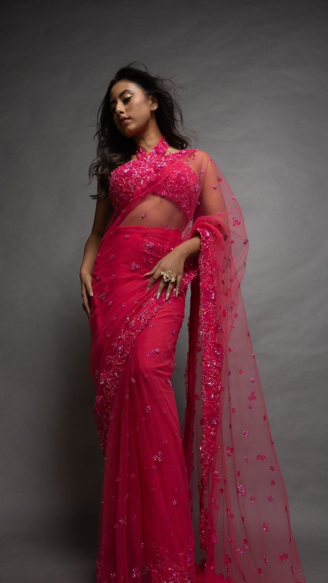 Pink Embroidered Around The Neck Choli with Pink Embroidered Pre-Stitched Saree
