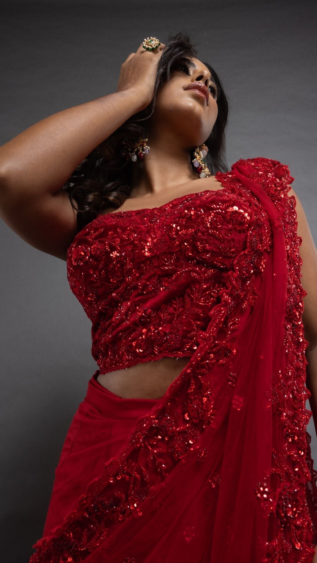 Red Embroidered Half Cup Bralette with Red Embroidered Pre-Stitched Saree