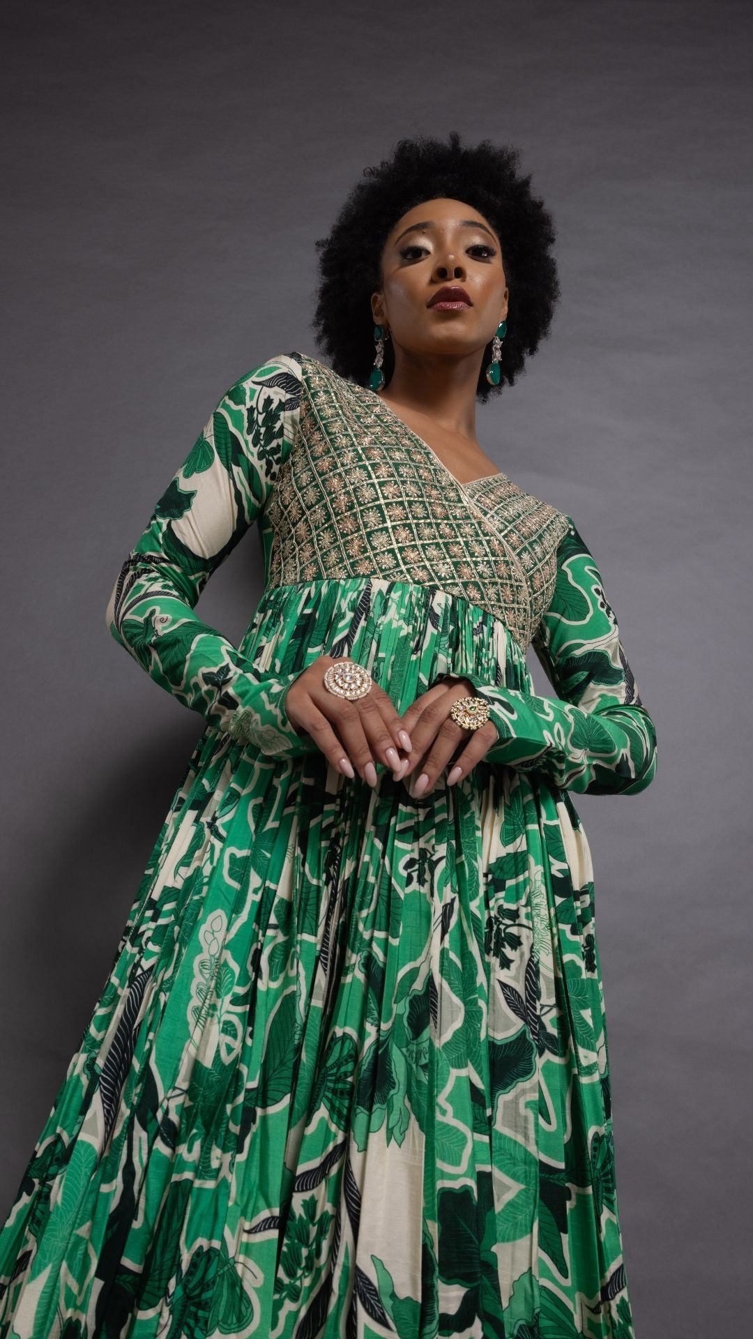 Green Embroidered Mock Tie-Up Yoke and Floral Abstract Printed Angrakha with Solid Green Pant and Dupatta.