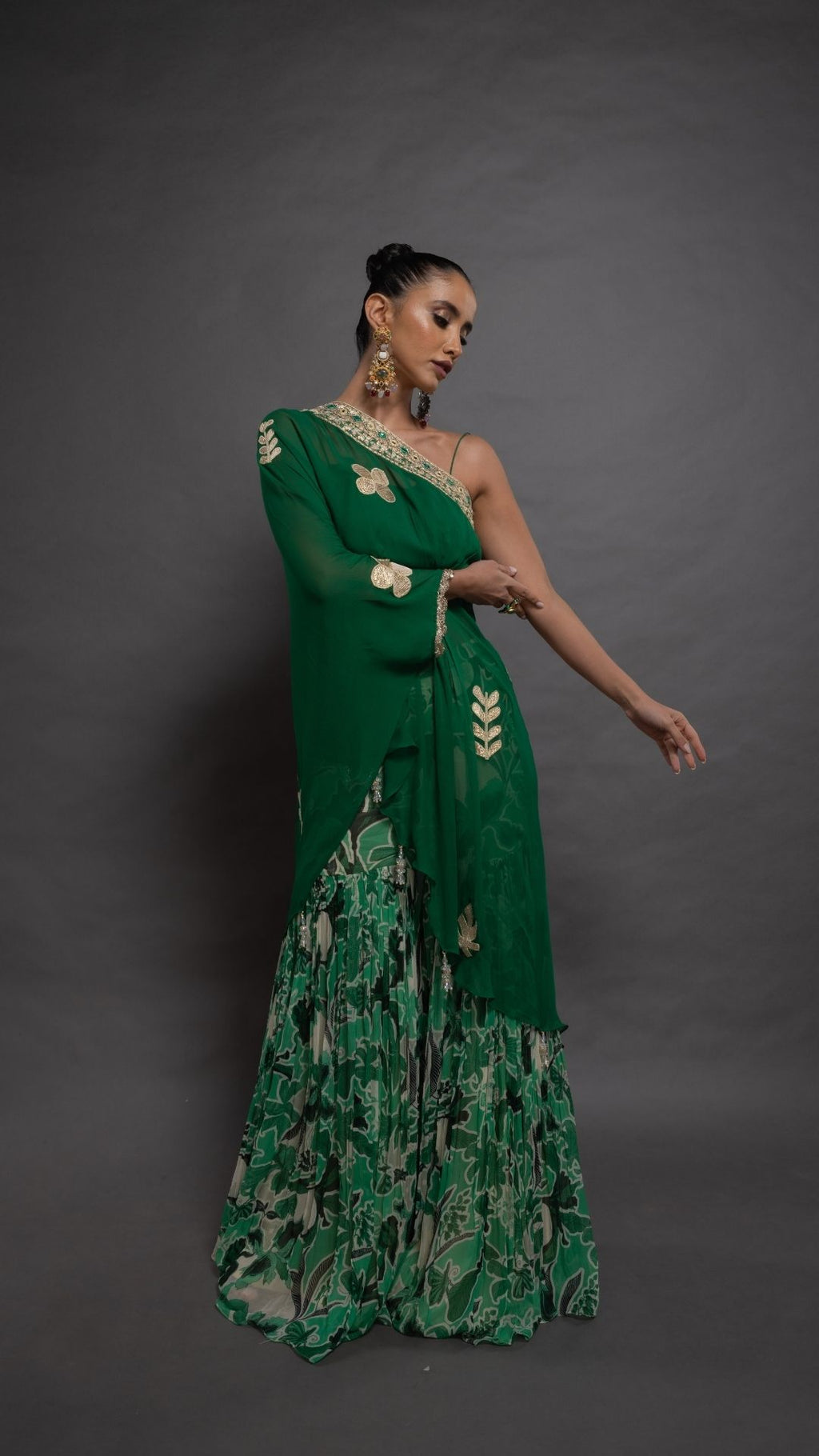 Green One Shoulder Embroidered Short Poncho with Bustier and Printed Crushed Sharara