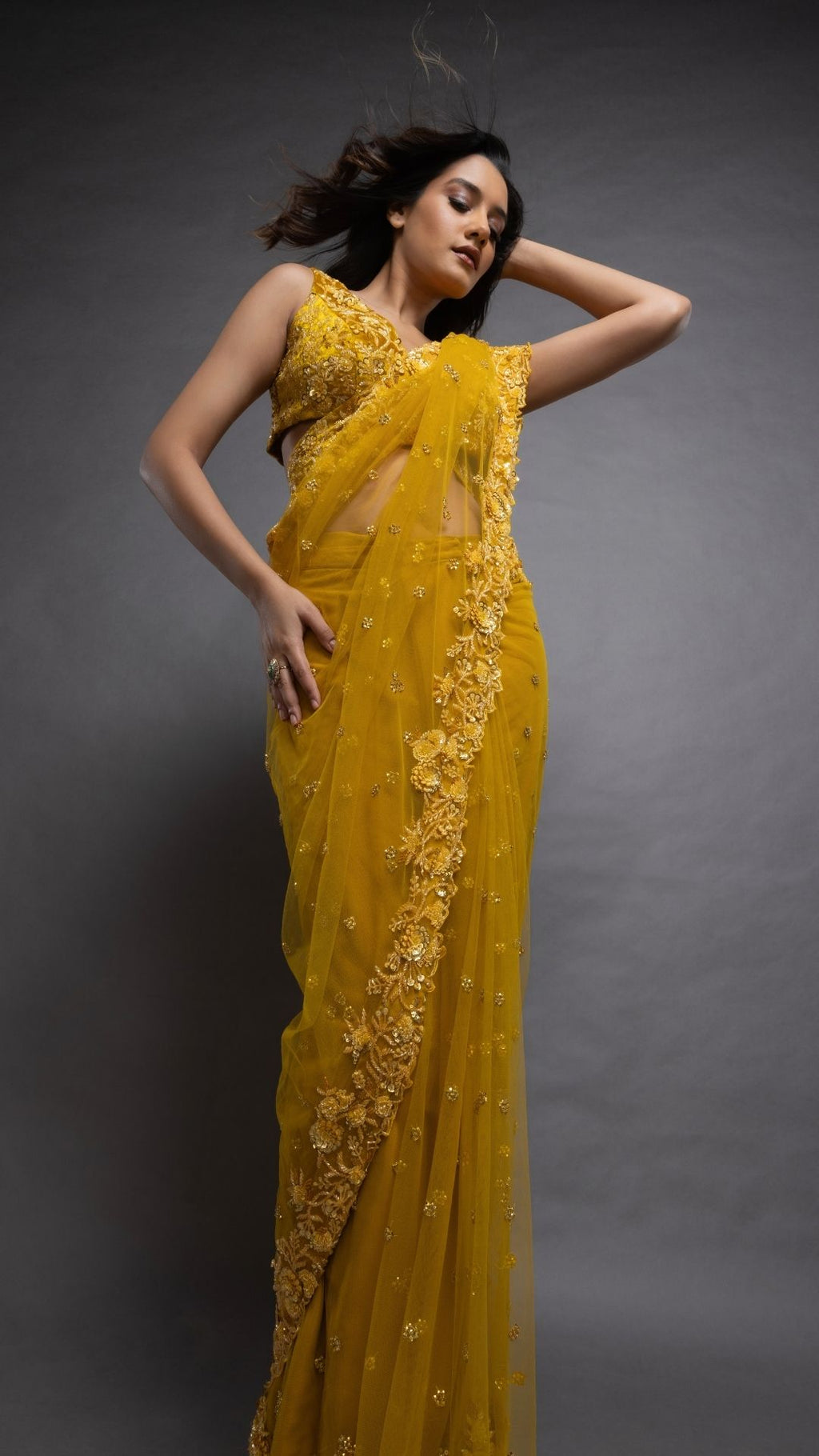 Mustard Embroidered Tie-Up Choli with Mustard Embroidered Pre-Stitched Saree
