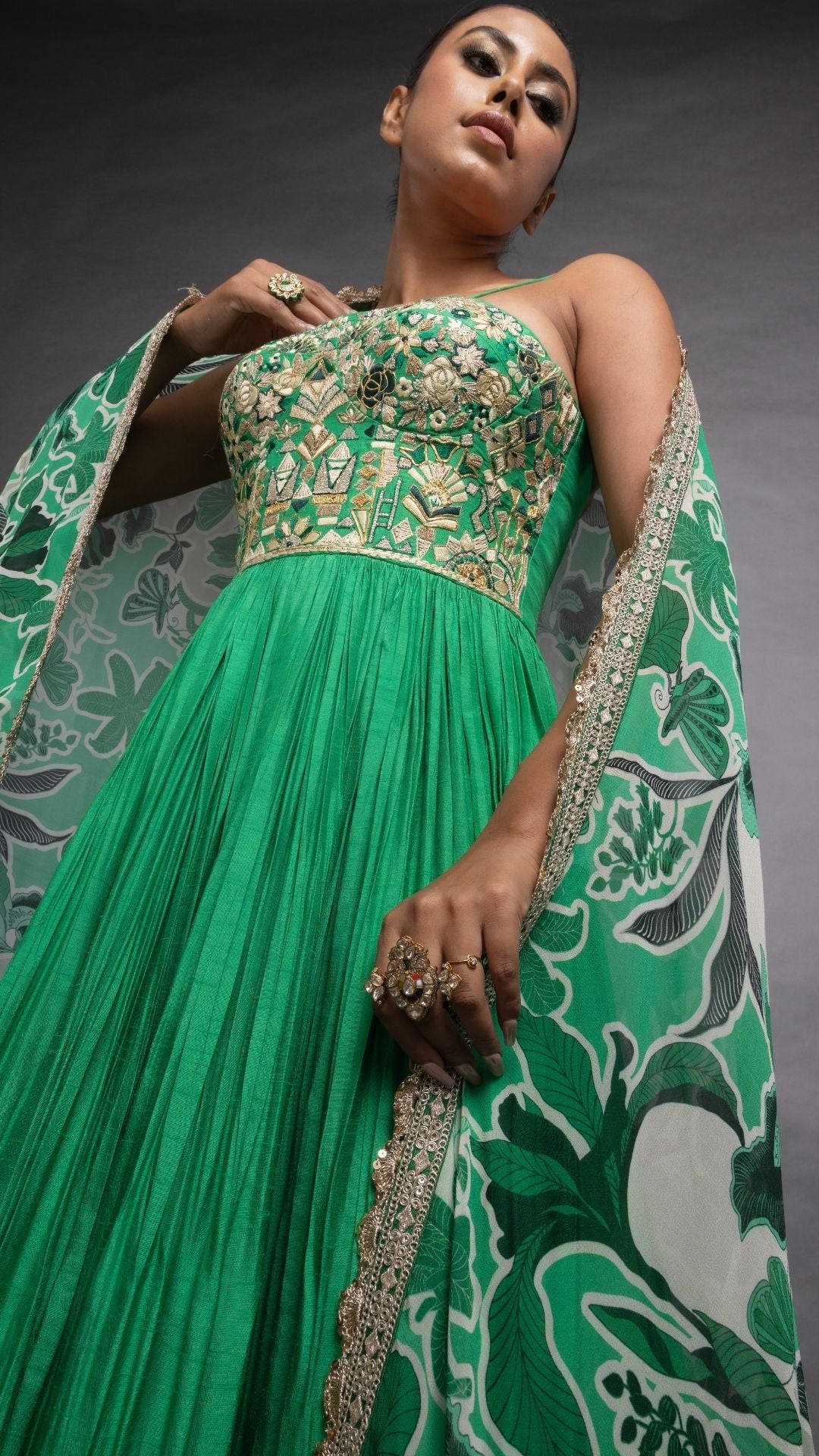 Green Embroidered Half Cup Bralette Kalidar with Churidar and Printed Dupatta