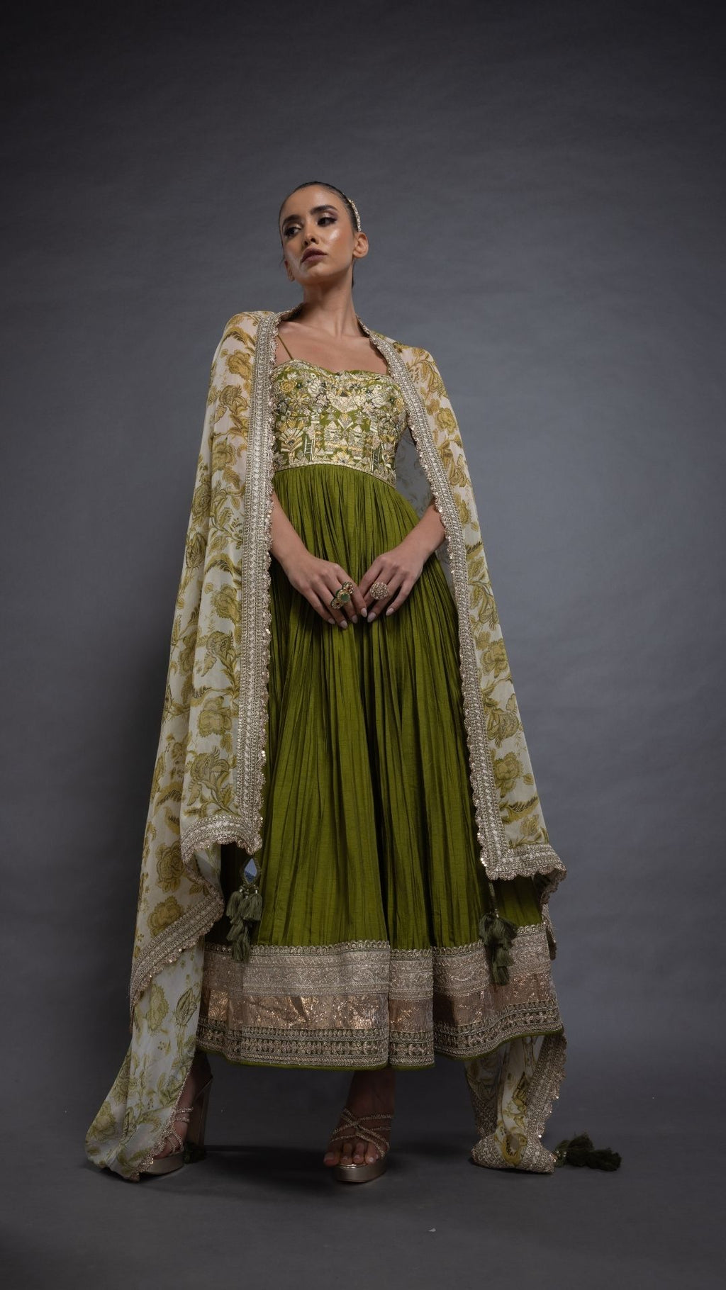 Olive Embroidered Half Cup Bralette Kalidar with Churidar and Printed Dupatta