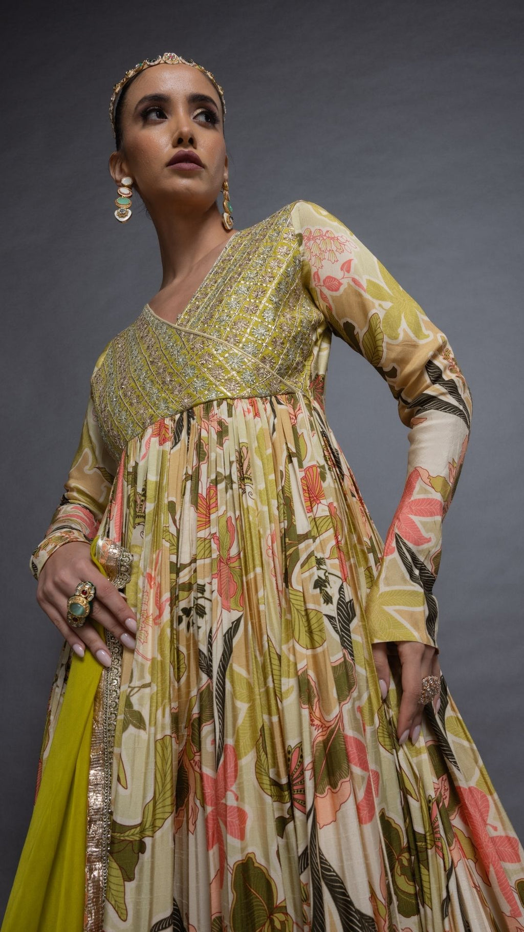 Lime Embroidered Mock Tie-Up Yoke and Floral Abstract Printed Angrakha with Solid Lime Pant and Dupatta