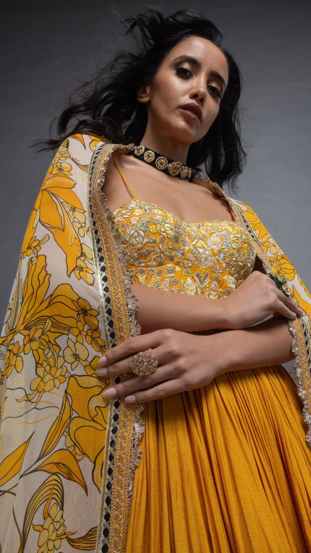 Musturd Embroidered Half Cup Bralette Kalidar with Churidar and Printed Dupatta