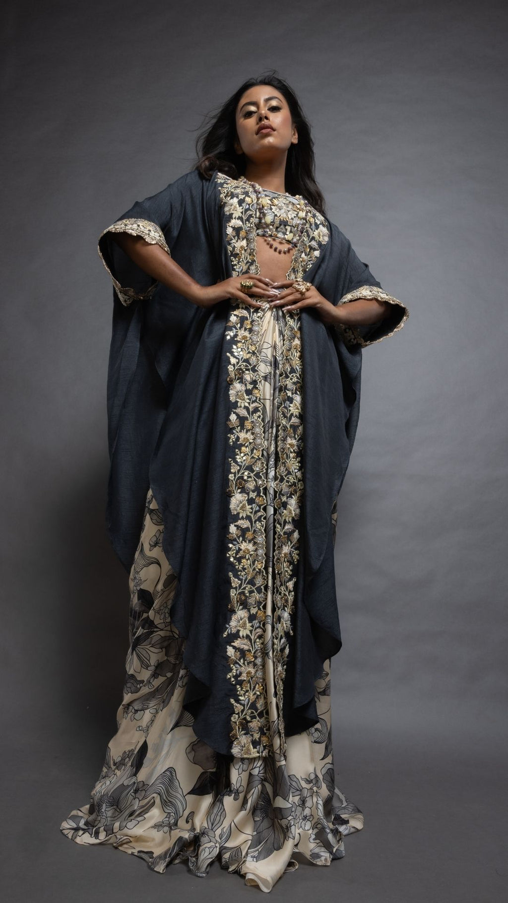 Grey Printed Saree with Printed Bustier and Cutwork Cape With Slit Sleeve