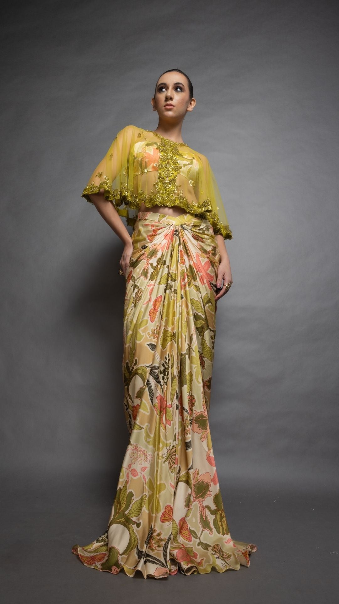 Solid Light Green Embroidered Single Button Short Cape with Abstract Printed Bustier and Floral Abstract Printed Drape Skirt