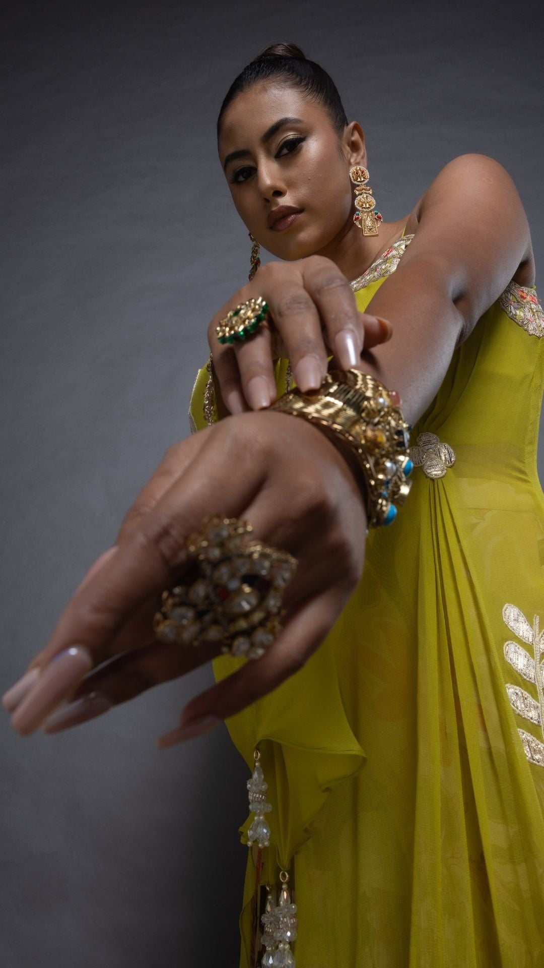 Lime Green One Shoulder Embroidered Short Poncho with Bustier and Printed Crushed Sharara