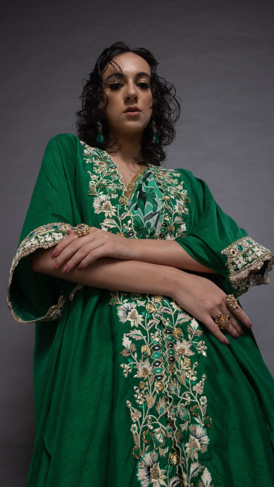 Green Printed Saree with Printed Bustier and Cutwork Cape With Slit Sleeve