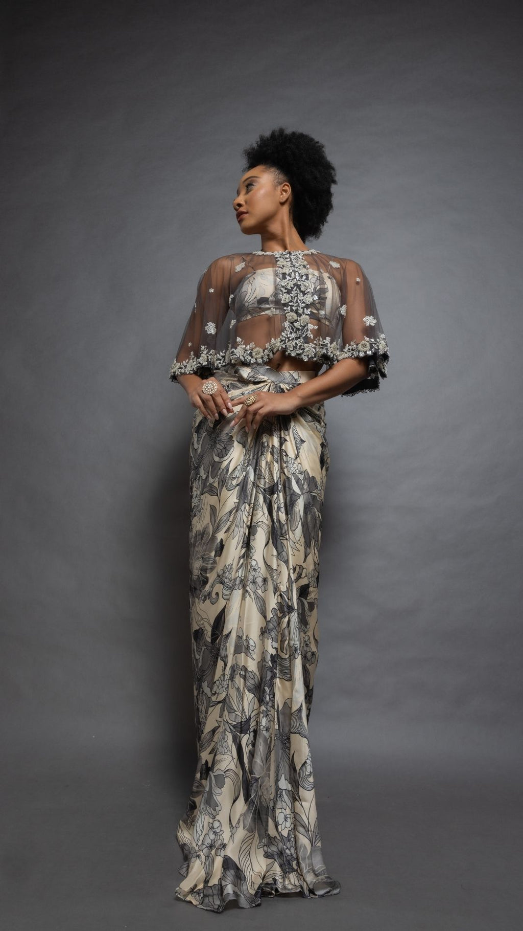 Solid Grey Embroidered Single Button Short Cape with Abstract Printed Bustier and Floral Abstract Printed Drape Skirt