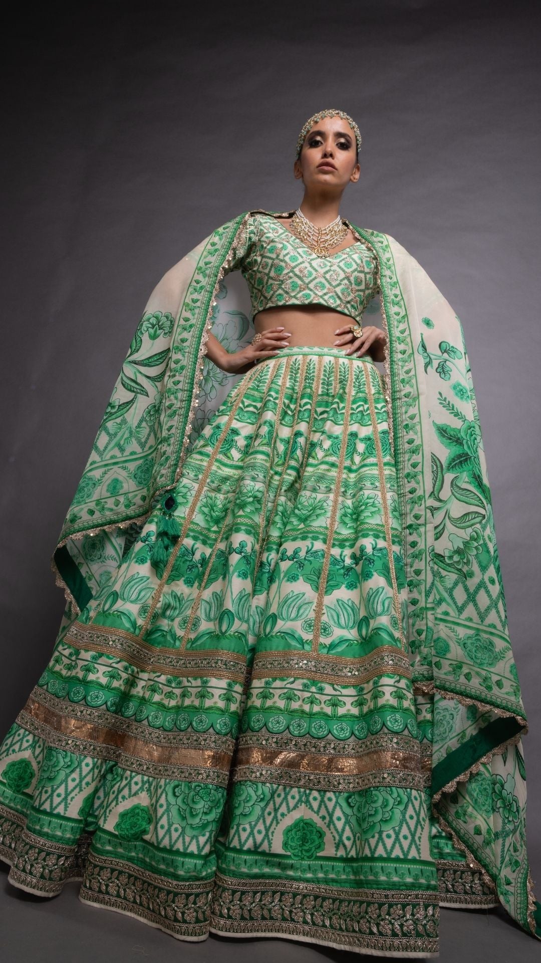 Green Floral Placement Printed V Neck Half Sleeves Blouse with Floral Placement Printed Lehenga and Dupatta