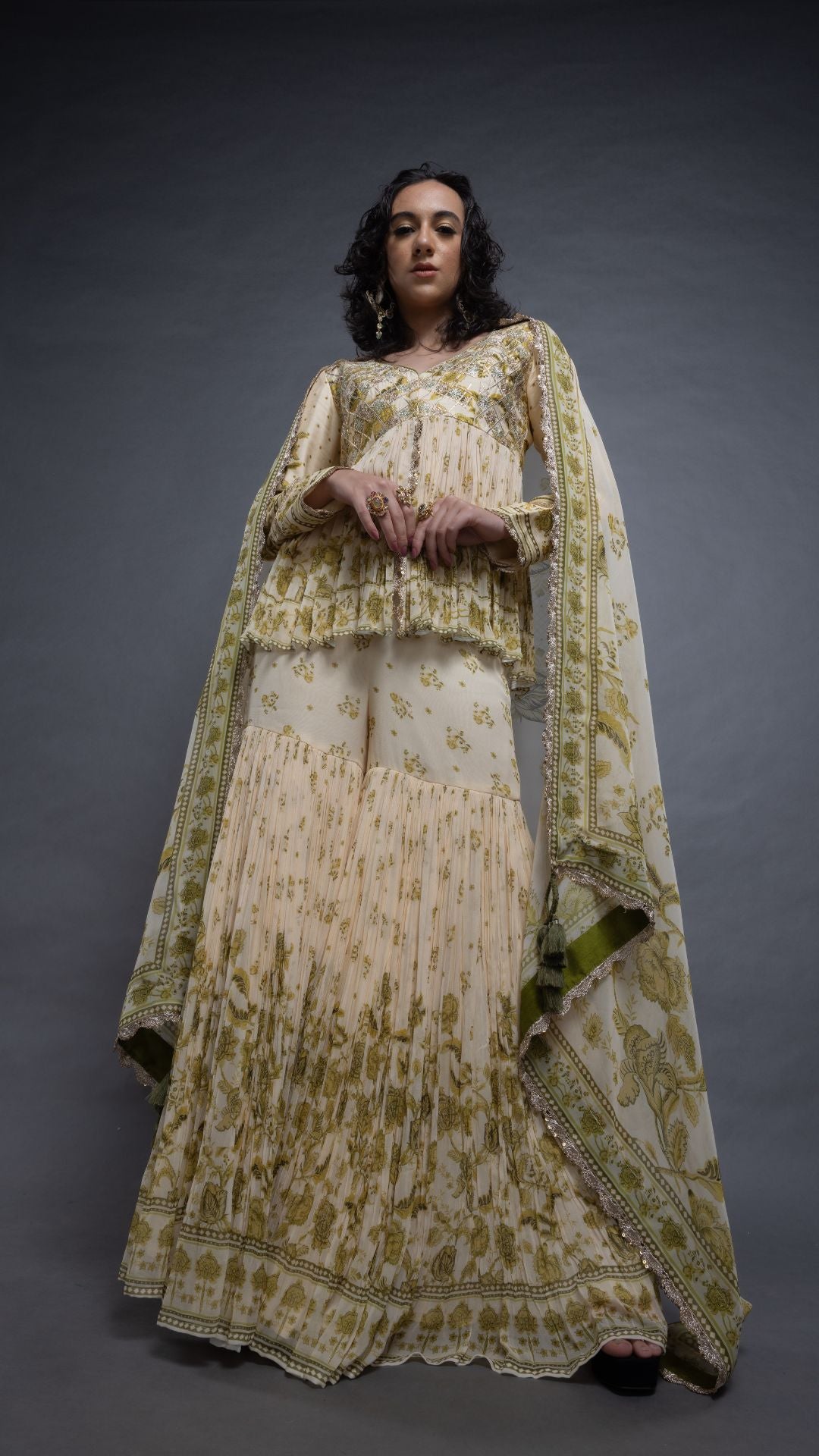 Olive Placement Printed Peplum Sharara and Dupatta