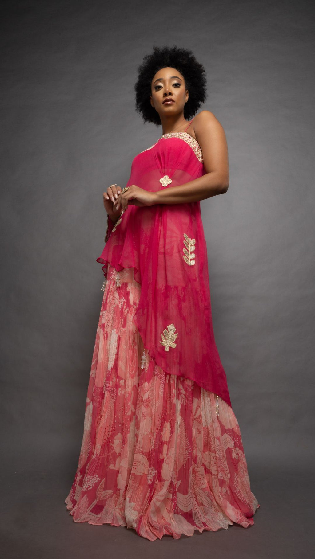 Pink One Shoulder Embroidered Short Poncho with Bustier and Printed Crushed Sharara