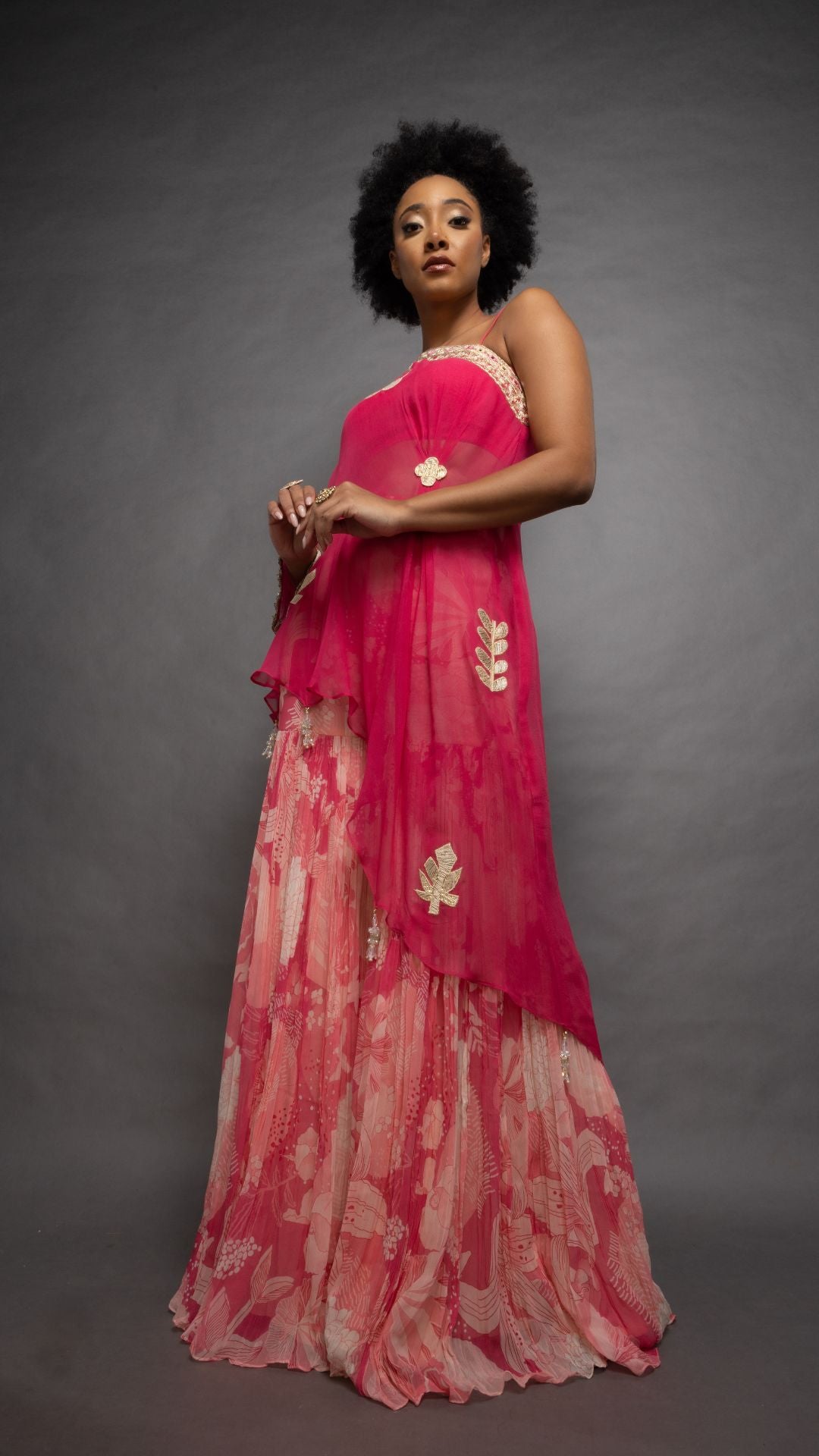 Pink One Shoulder Embroidered Short Poncho with Bustier and Printed Crushed Sharara
