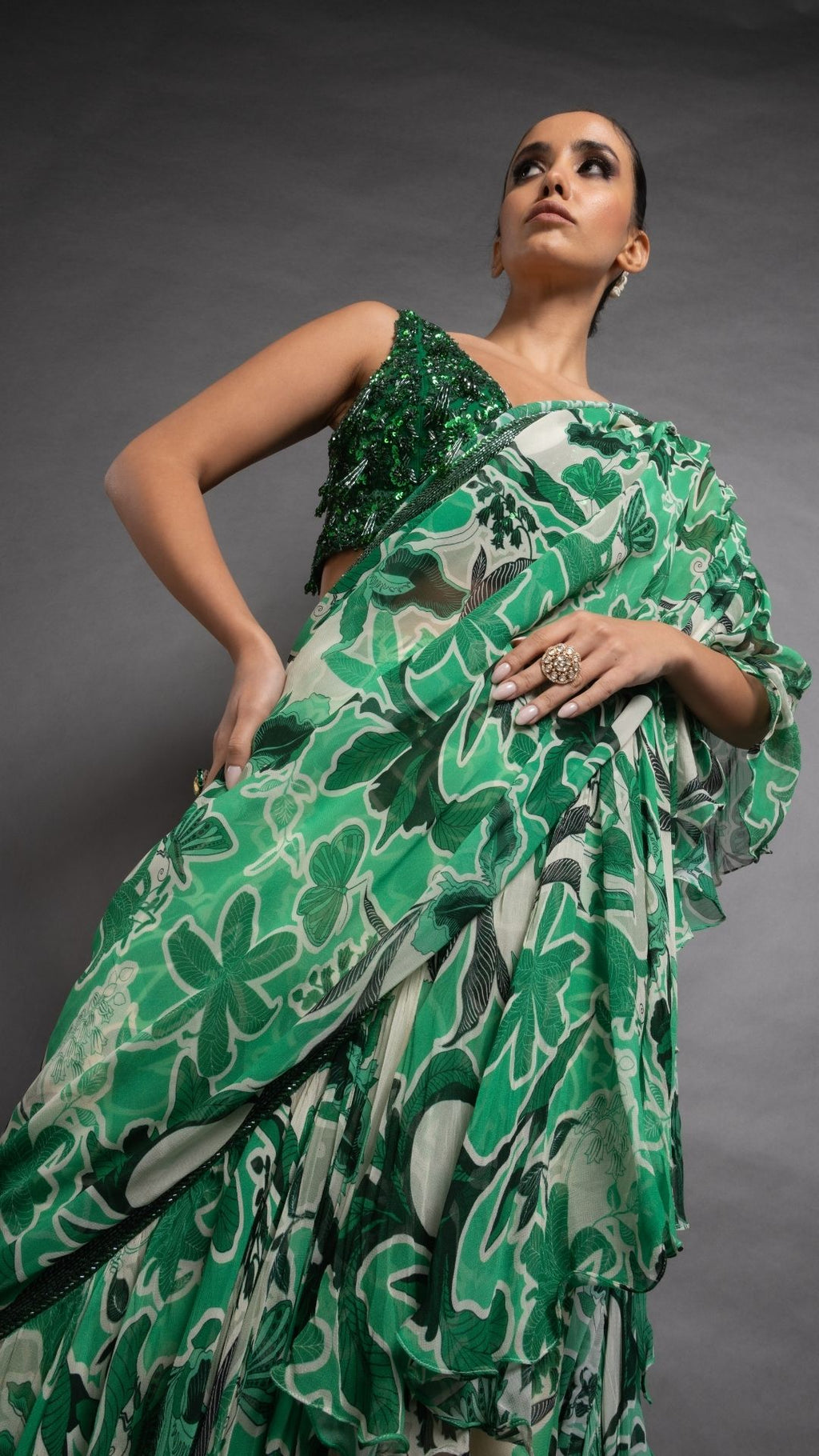 Green Floral Abstract Printed Big Frill Saree with Green V-Neck Embroidered Cutwork Blouse