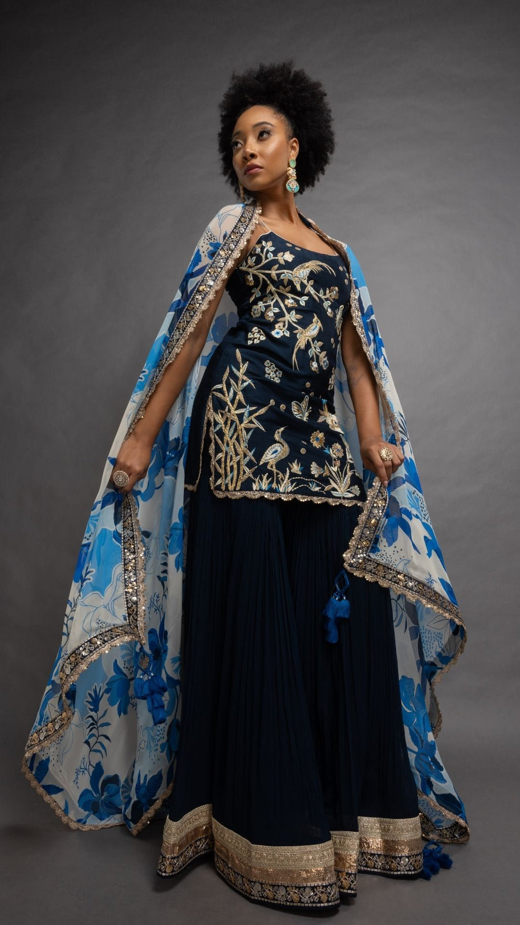 Blue Noodle Strap Kurta with Sharara and Printed Dupatta