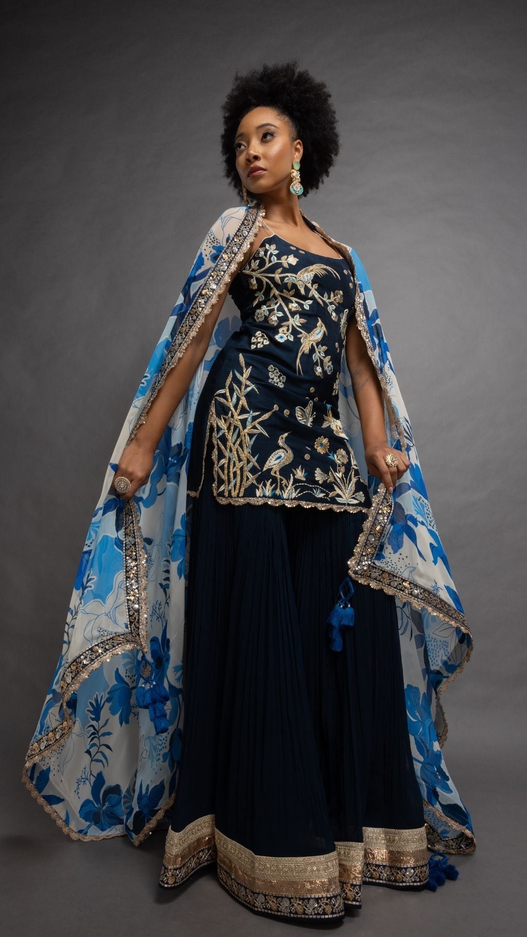 Blue Noodle Strap Kurta with Sharara and Printed Dupatta