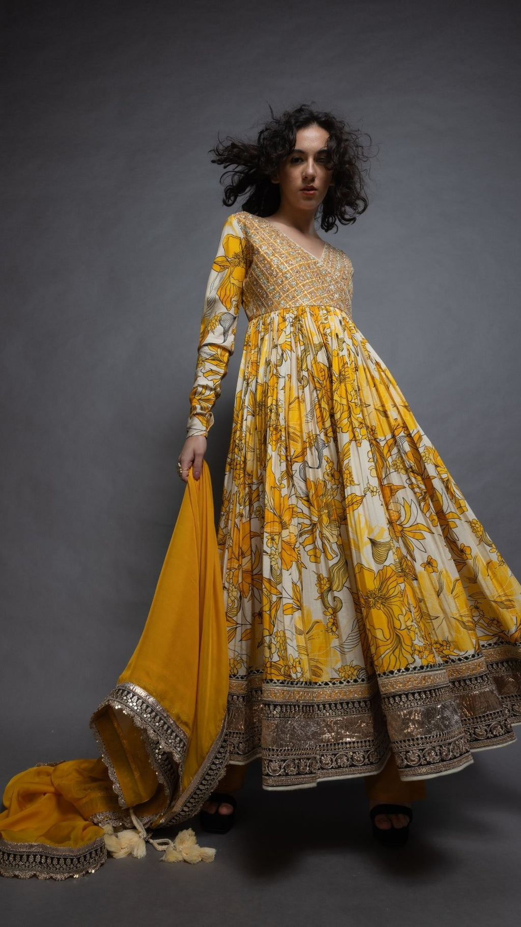 Mustard Embroidered Mock Tie-Up Yoke and Floral Abstract Printed Angrakha with Solid Mustard Pant and Dupatta