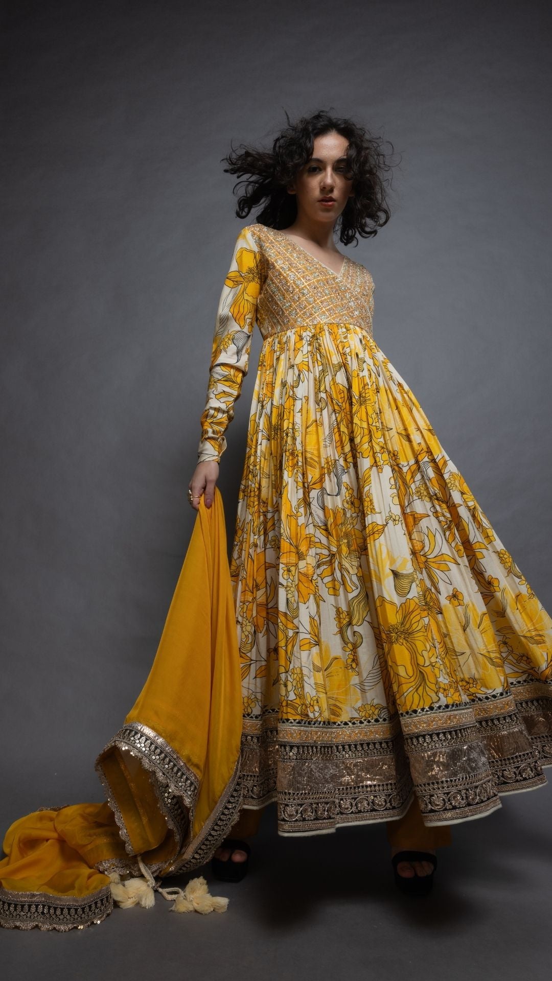 Mustard Embroidered Mock Tie-Up Yoke and Floral Abstract Printed Angrakha with Solid Mustard Pant and Dupatta