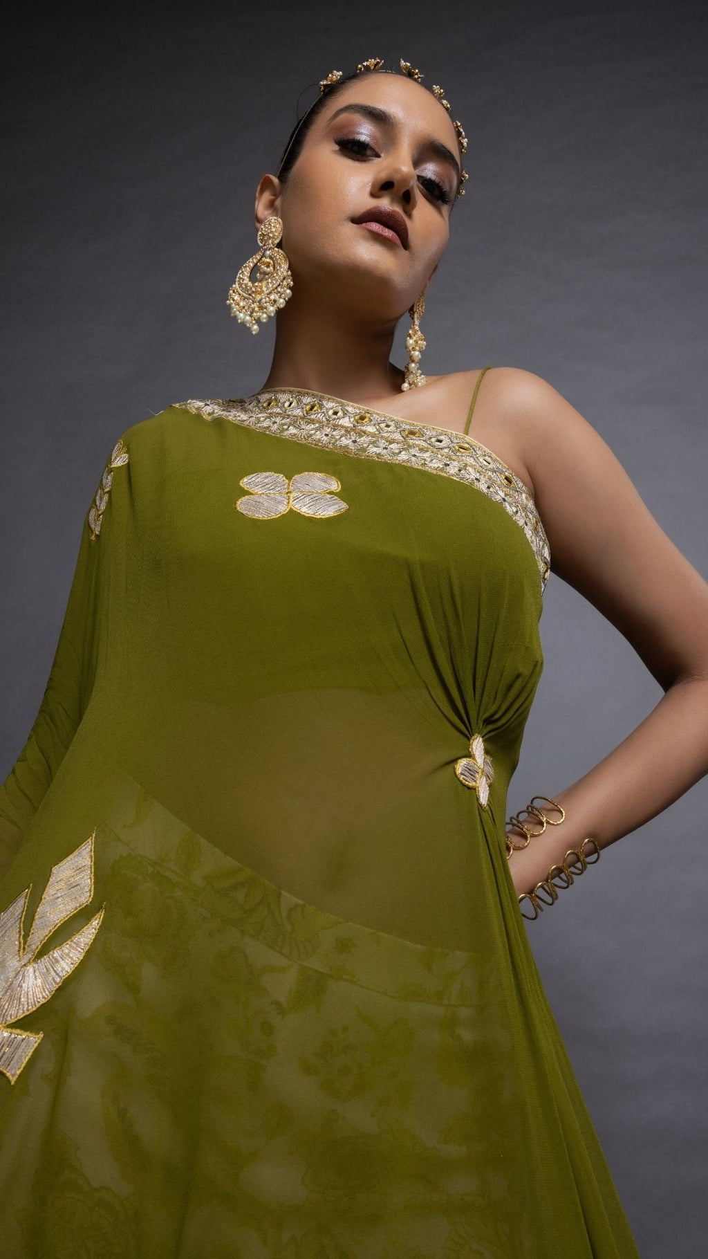 Olive One Shoulder Embroidered Short Poncho with Bustier and Printed Crushed Sharara