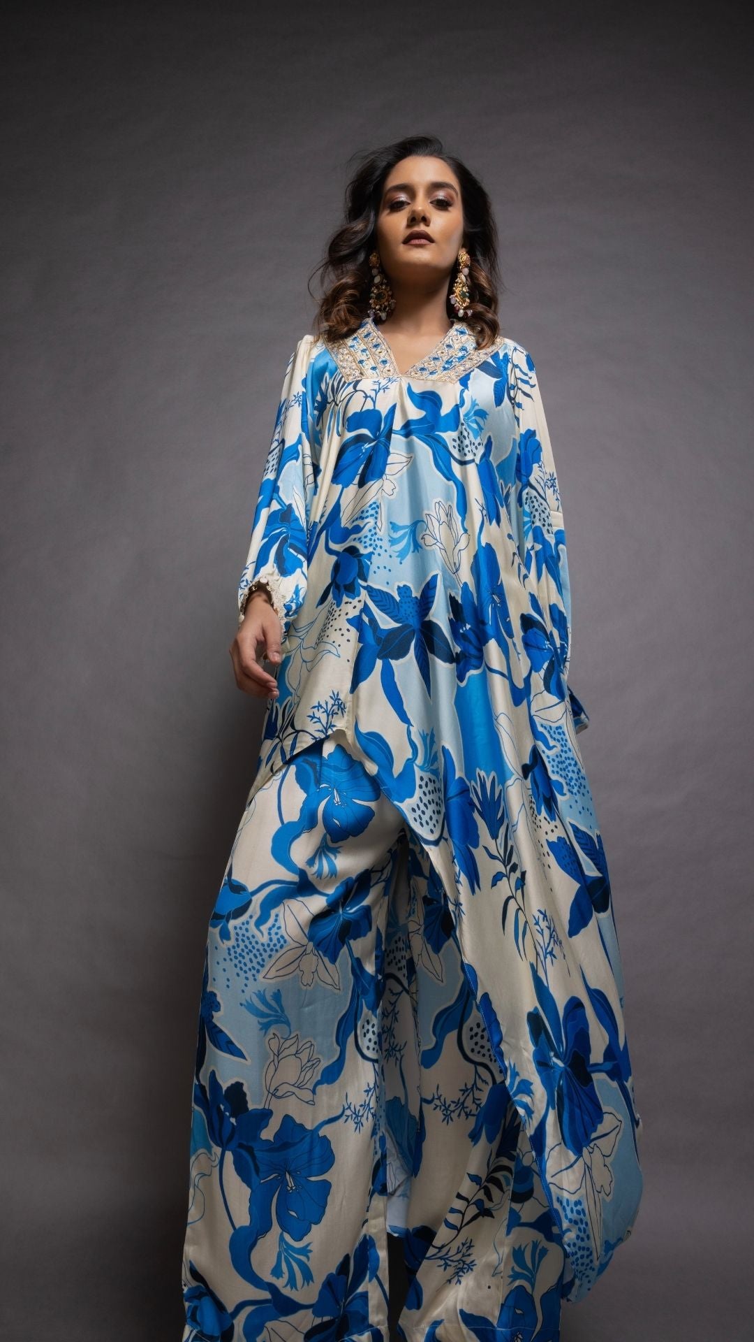 Blue Waterfall Floral Abstract Printed V-Neck Embroidered Top and Pant