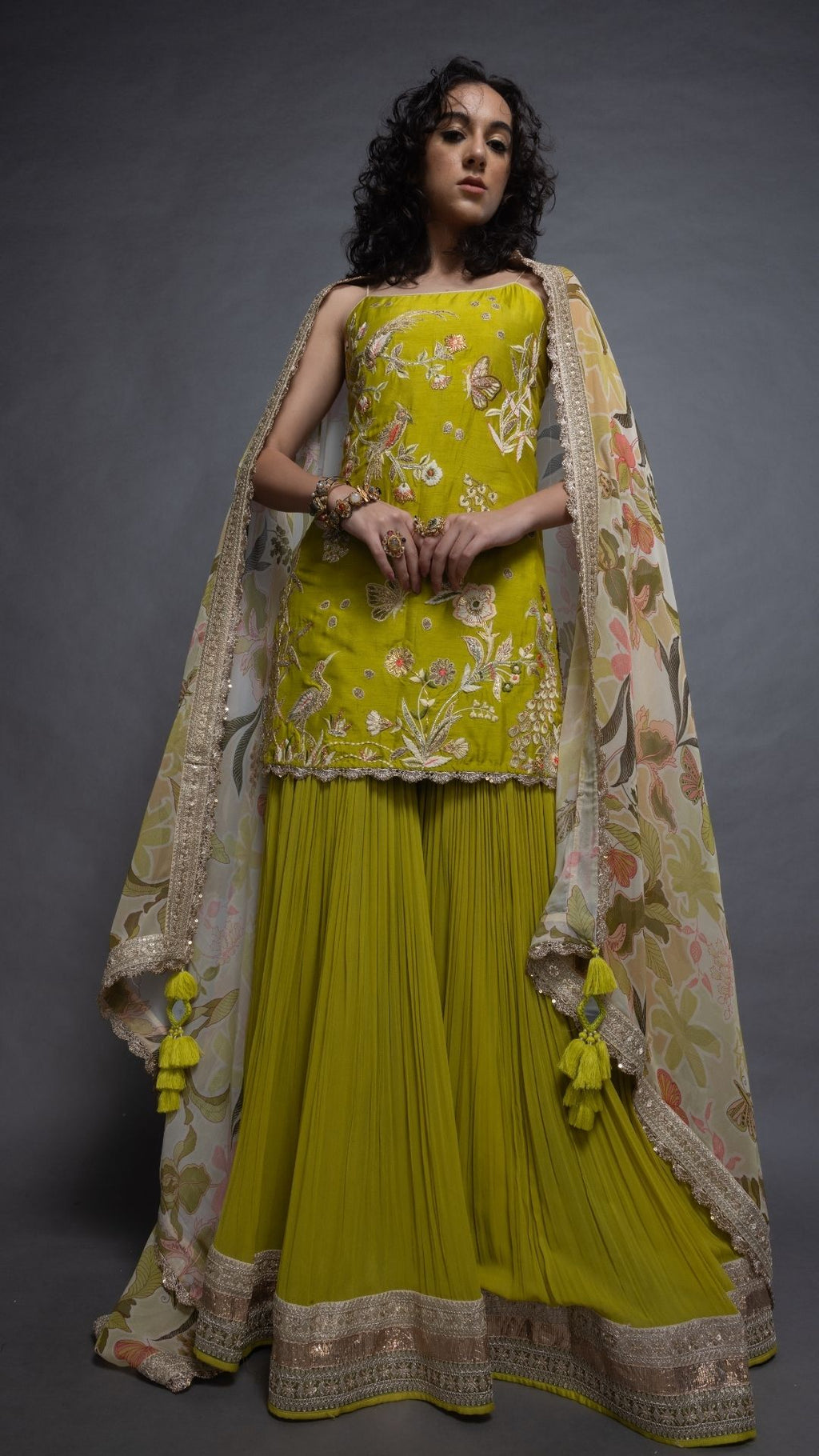 Lime Noodle Strap Kurta with Sharara and Printed Dupatta