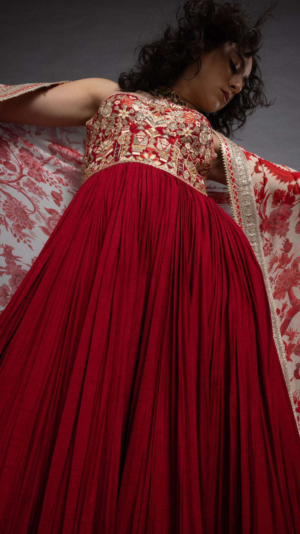 Red Embroidered Half Cup Bralette Kalidar with Churidar and Printed Dupatta