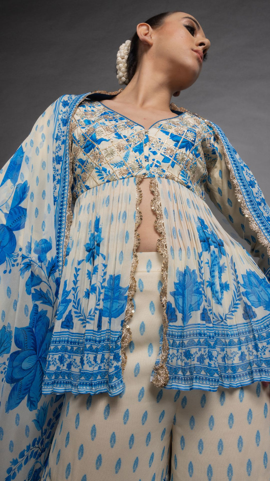 Blue Placement Printed Peplum Sharara and Dupatta