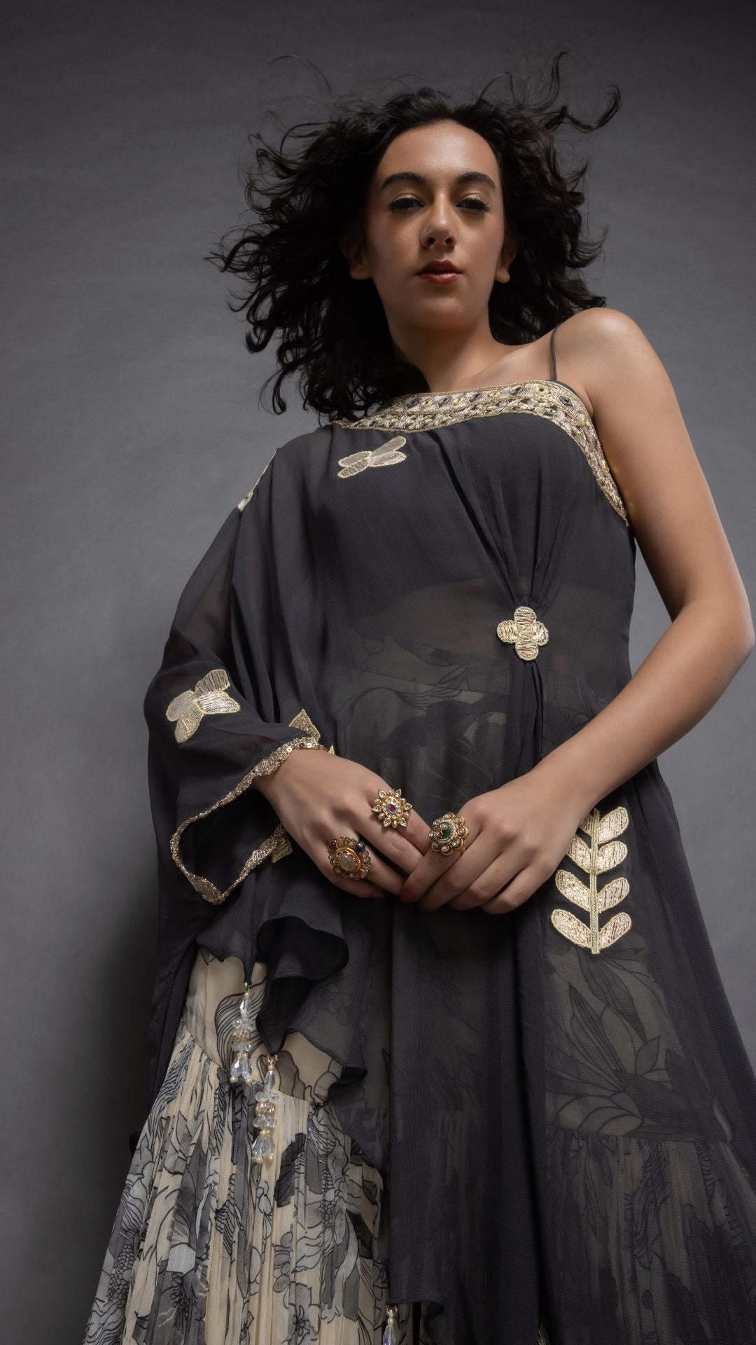 Grey One Shoulder Embroidered Short Poncho with Bustier and Printed Crushed Sharara