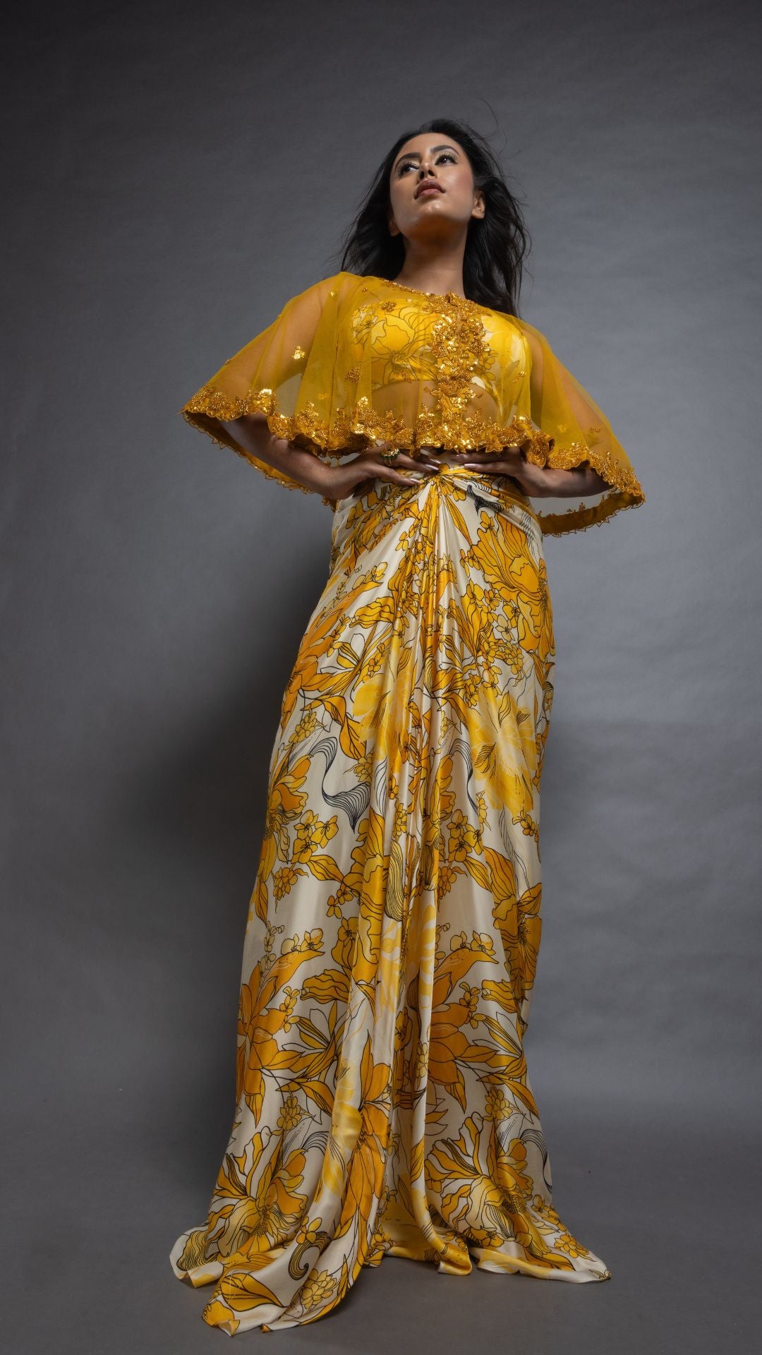 Solid Mustard Embroidered Single Button Short Cape with Abstract Printed Bustier and Floral Abstract Printed Drape Skirt