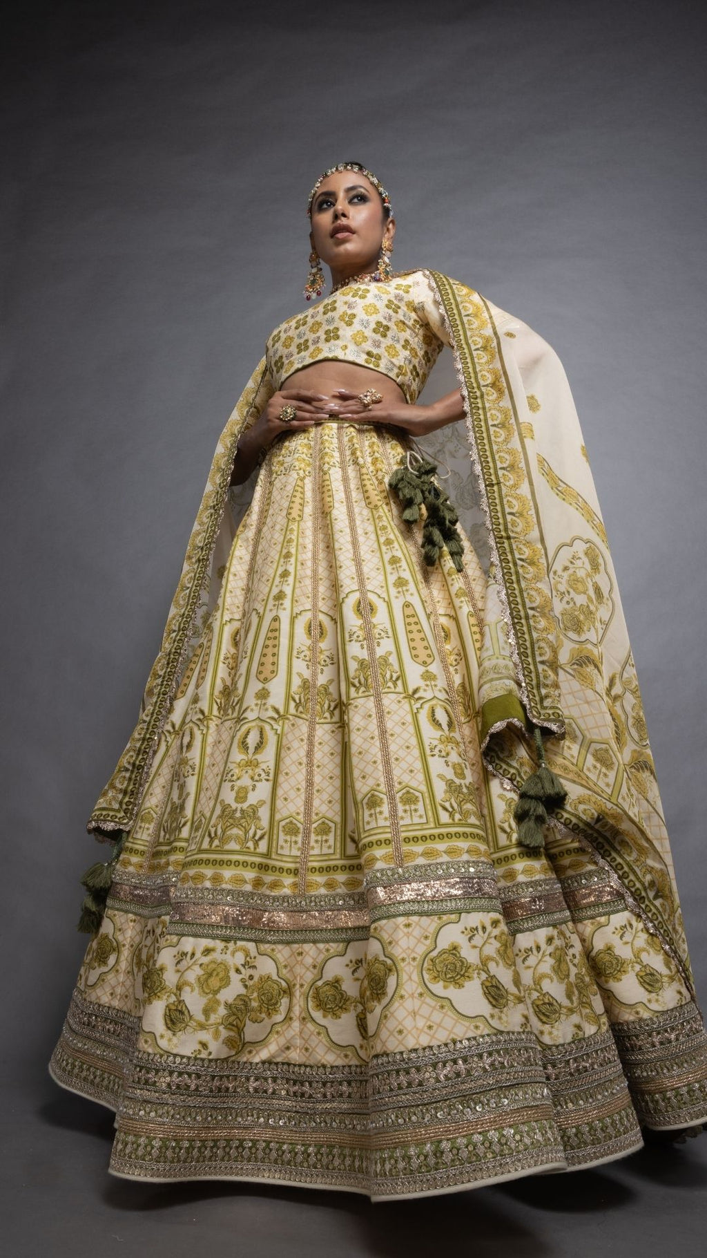 Olive Floral Placement Printed Close Neck Half Sleeves Blouse with Floral Placement Printed Lehenga and Dupatta