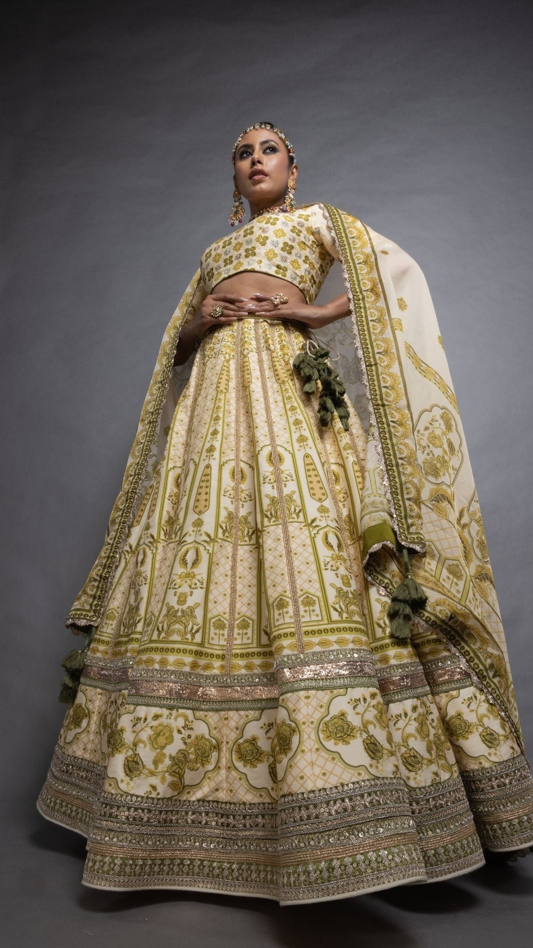 Olive Floral Placement Printed Close Neck Half Sleeves Blouse with Floral Placement Printed Lehenga and Dupatta