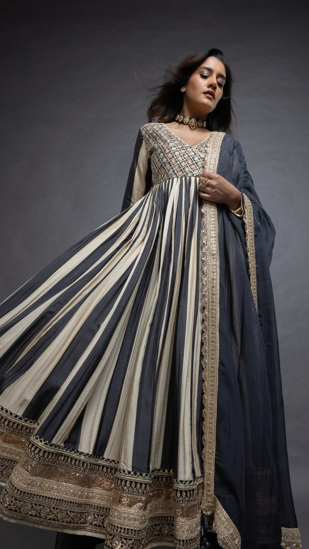 Grey Embroidered Mock Tie Up Yoke & Stripes Printed Angrakha with Solid Grey Pant and Dupatta