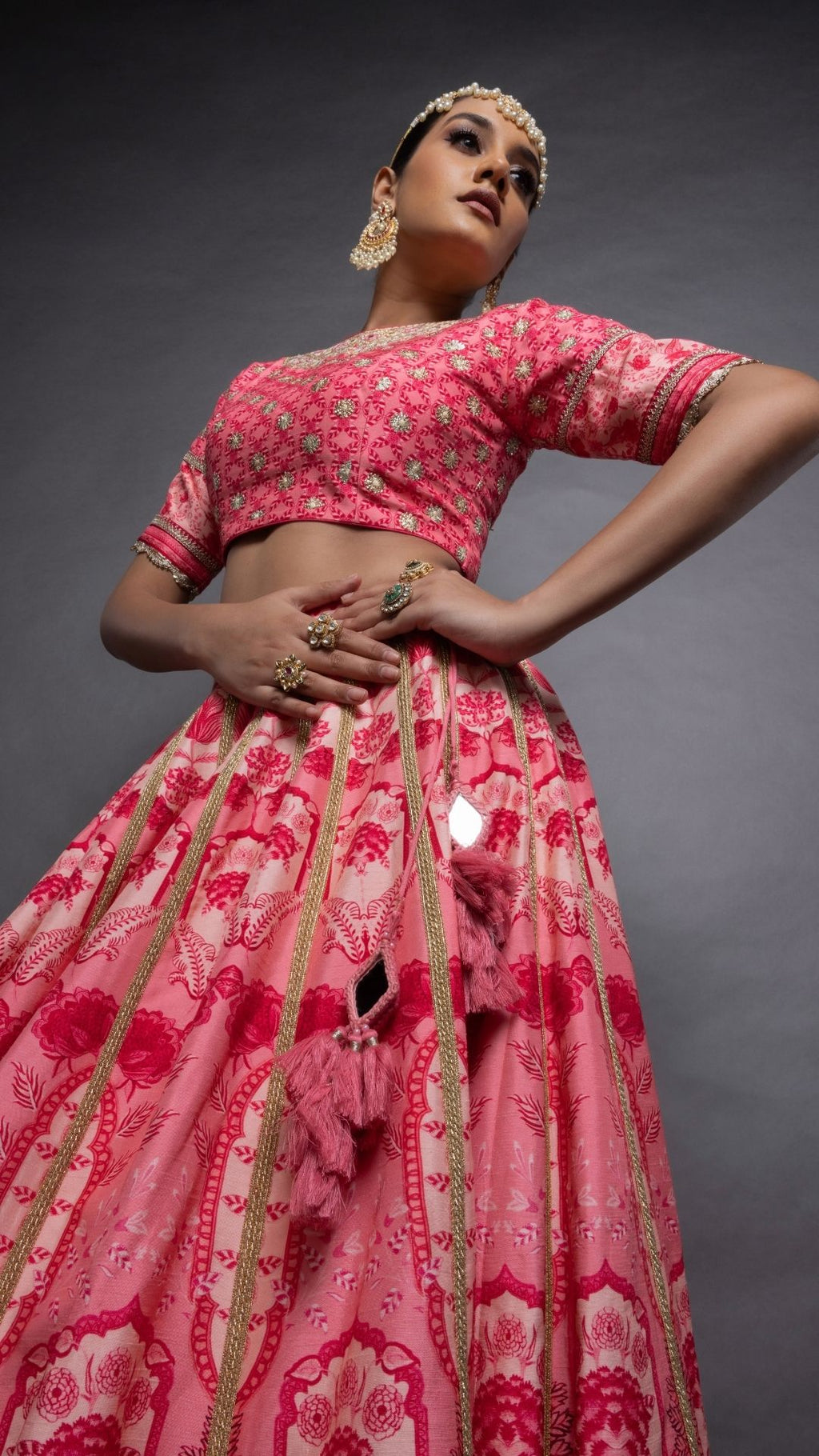 Pink Floral Placement Printed Close Neck Half Sleeves Blouse with Floral Placement Printed Lehenga and Dupatta