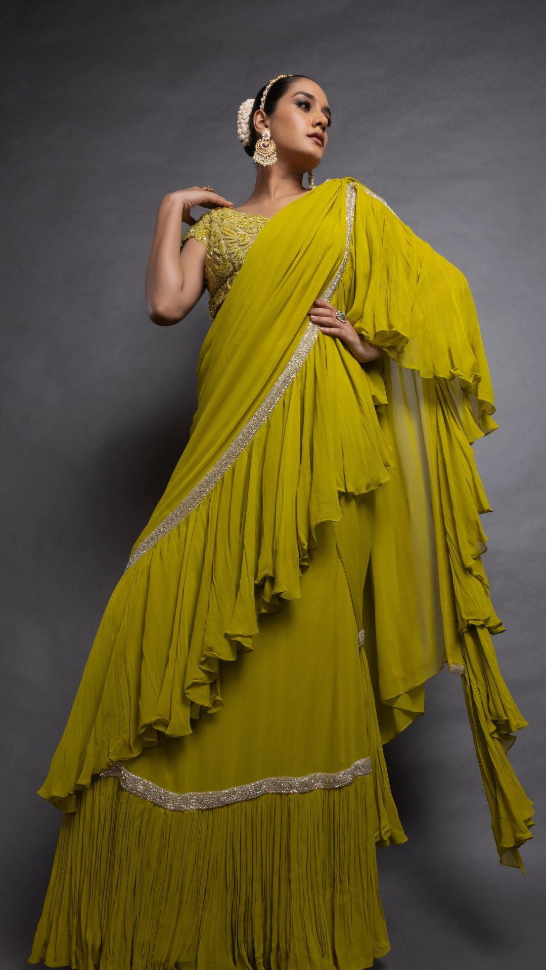 Lime Green Frill Saree with Embroidered Pan Neck Choli