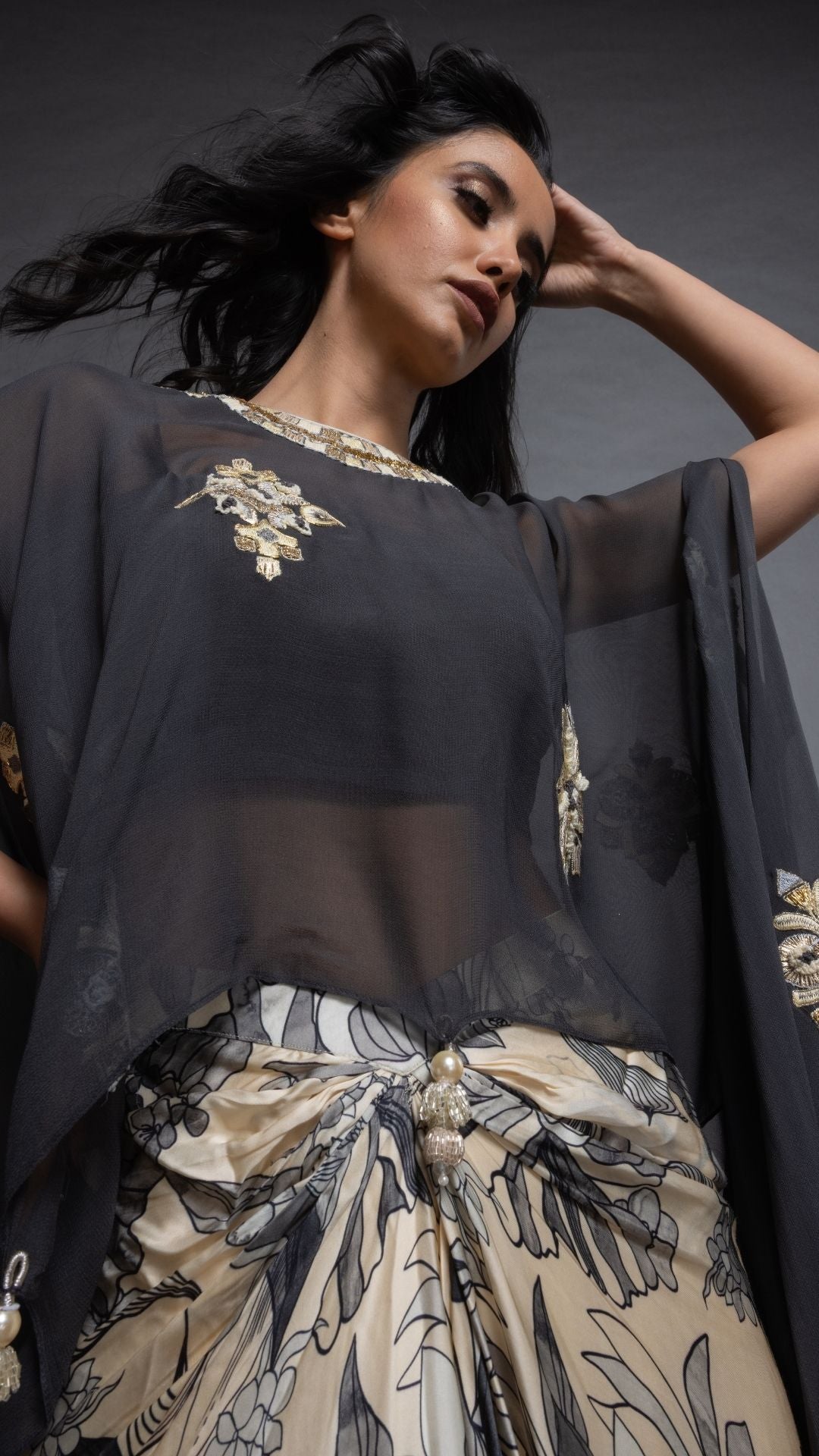 Grey Embroidered Short Closed Neck Poncho with A Bustier and Floral Abstract Printed Drape Skirt