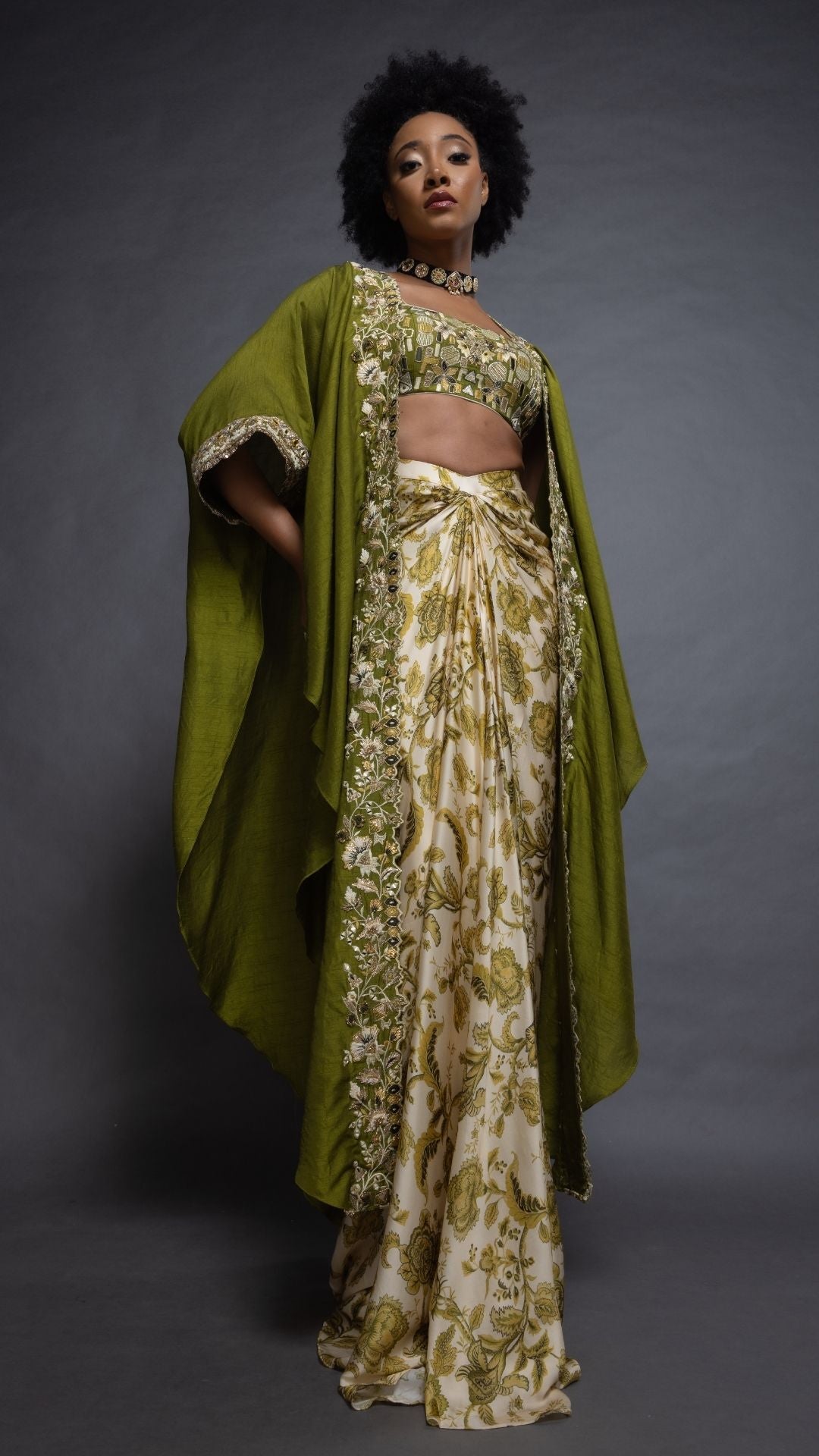 Olive Silk Cutwork Cape with Embroidered Bustier and Printed Modal Drape Skirt