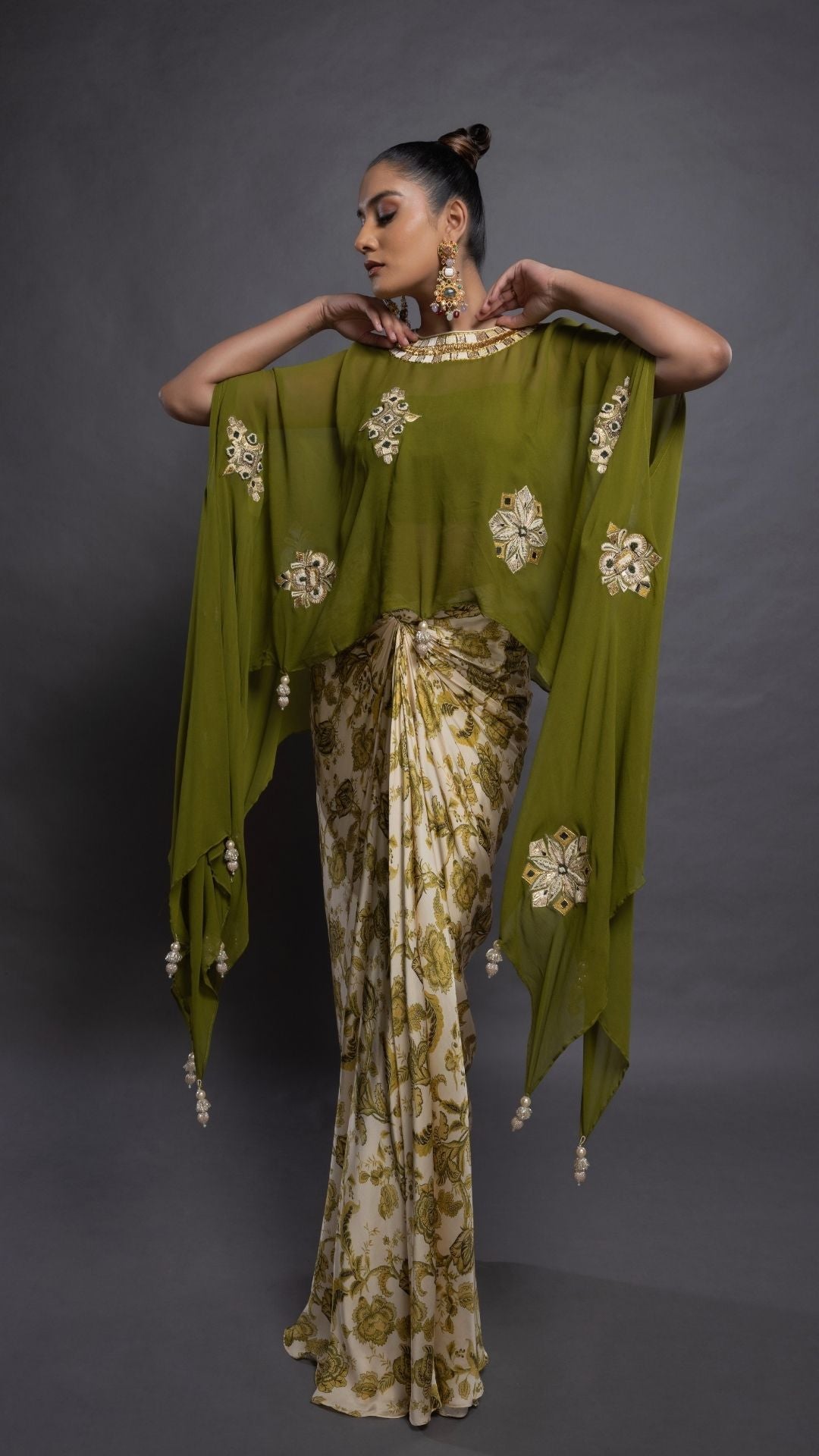 Olive Embroidered Short Closed Neck Poncho with A Bustier and Floral Jaal Printed Drape Skirt