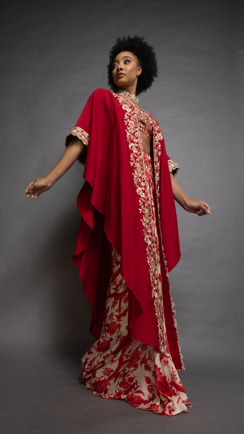 Red Silk Cutwork Embroiderd Cape with Red Embroidered Bustier and Modal Printed Drape Skirt