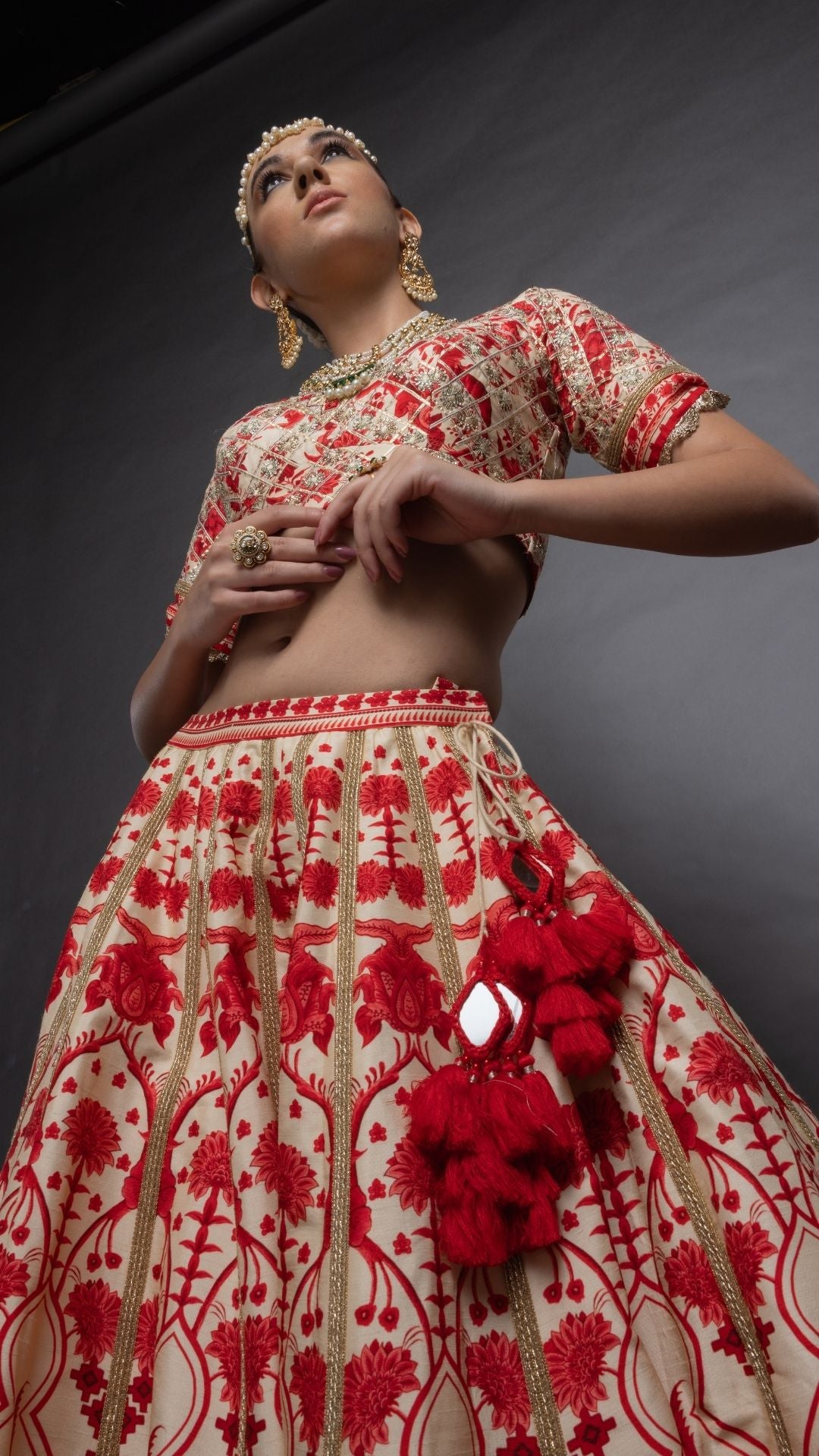Red Floral Placement Printed Paan Neck Half Sleeves Blouse with Floral Placement Printed Lehenga and Dupatta