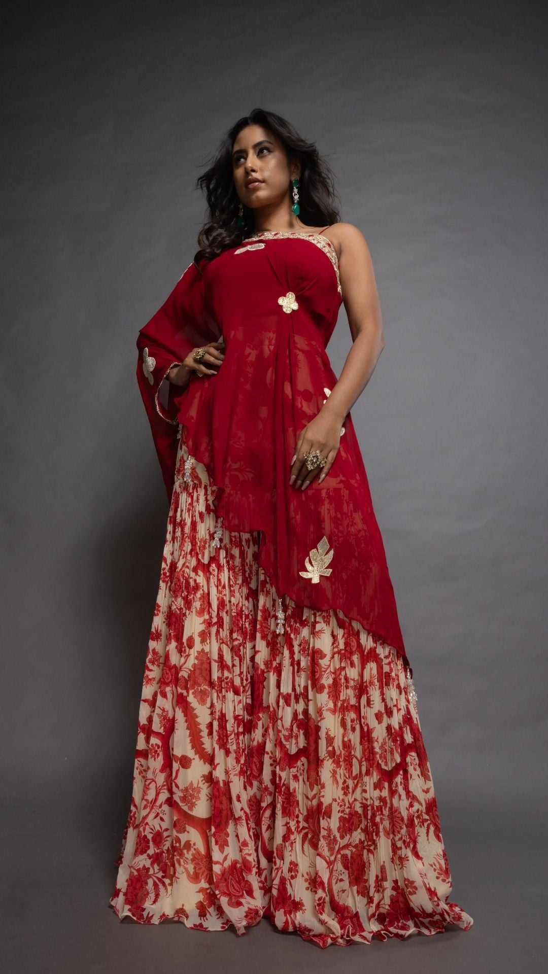 Red One Shoulder Embroidered Short Poncho with Bustier and Printed Crushed Sharara