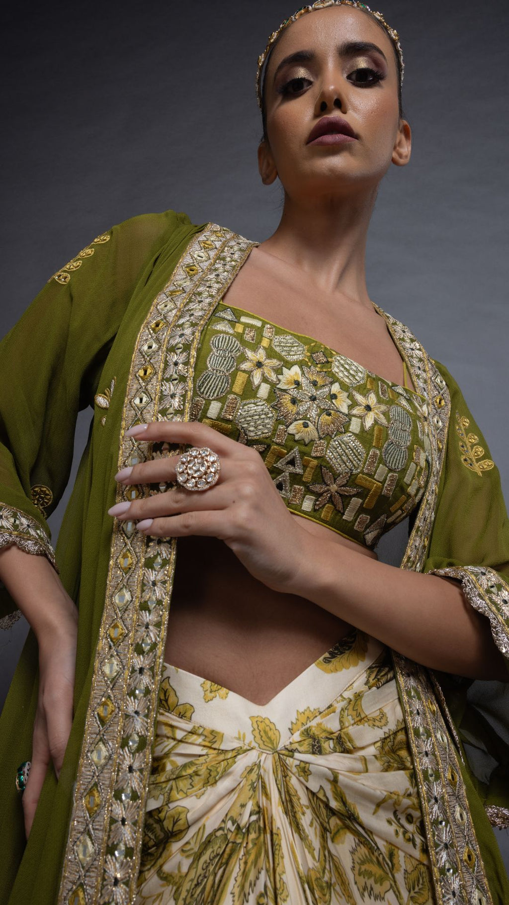 Solid Olive Embroidered Waterfall Cape with Embroiderd Bustier and Abstract Floral Printed Drape Skirt
